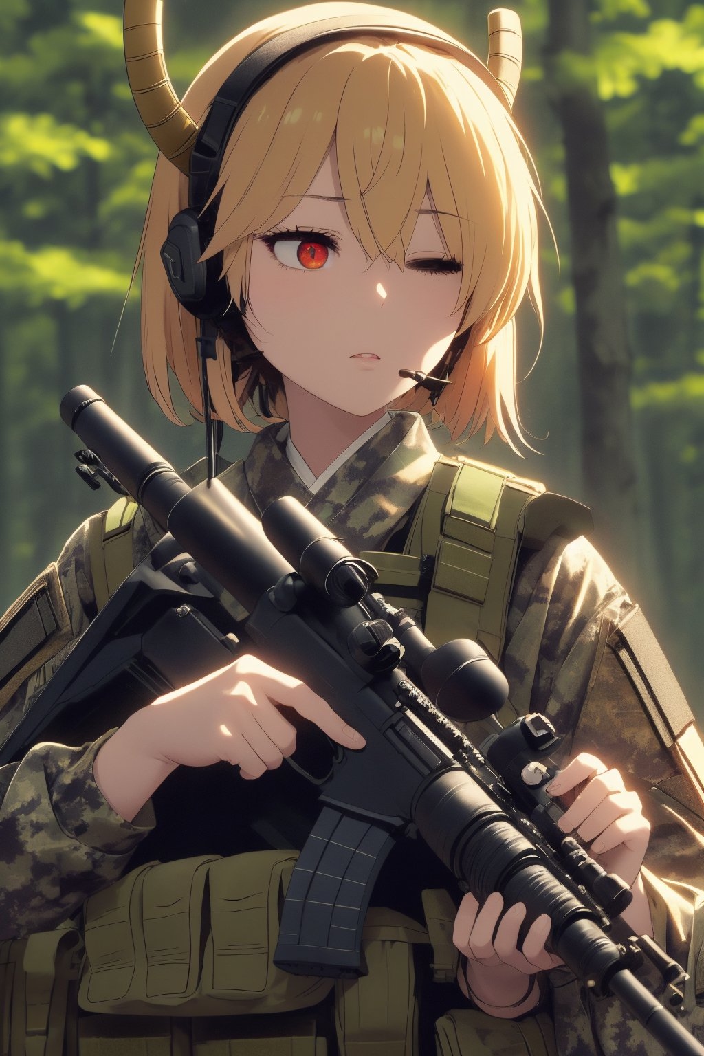 (masterpiece),(Highest quality),(High resolution),(Very detailed),One Woman,Japanese,golden Hair,Short Bob,Beautiful Eyes,Long eyelashes,Beautiful Hair,Beautiful Skin,whole body,BREAK(((aim at something with a sniper rifle))),((Close one eye and look through the scope))(Lying down),((Sniper Rifle)),Army Camouflage Uniform,Bulletproof vest, Combat Boots, Tactical Forster,Tactical Headset,(The background is a dense forest),(((Background Blur))),tohru_\(maidragon\), red eyes, two horns, holding sniper, guntou, aiming to viewer