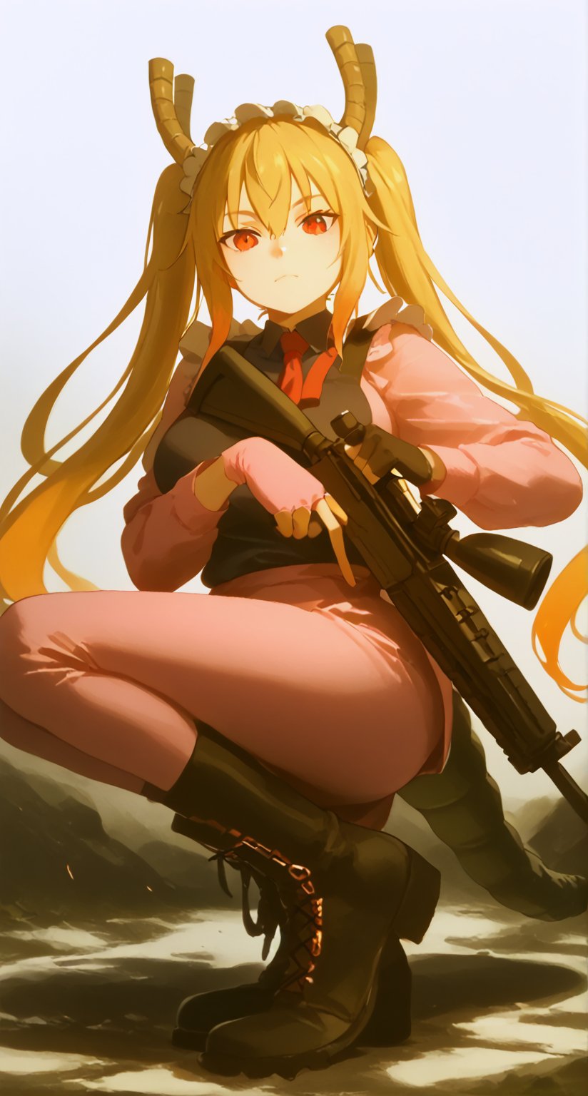 1girl, solo, long hair, looking at viewer, bangs, gloves, long sleeves, holding, hair between eyes, closed mouth, red eyes, jacket, full body, weapon, golden hair, boots, black gloves, pants, fingerless gloves, holding weapon, gun, pink jacket, holding gun, rifle, pink pants, one knee, sniper rifle, aiming, scope,tohru_\(maidragon\)