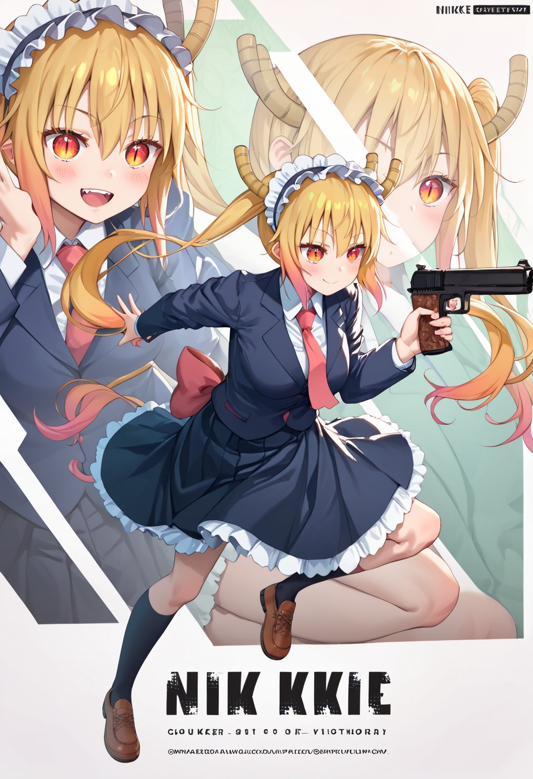 1girl,solo,tohru (maidragon), long hair, red eyes, golden hair, ahoge, one side up, ,skirt, school uniform, jacket,,score_9, score_8_up, score_7_up, source_anime, 1girl, , full body, zoom layer, on one gun, holding gun, [lora:NikkeProfileV2_XLPD:1],tohru_\(maidragon\)