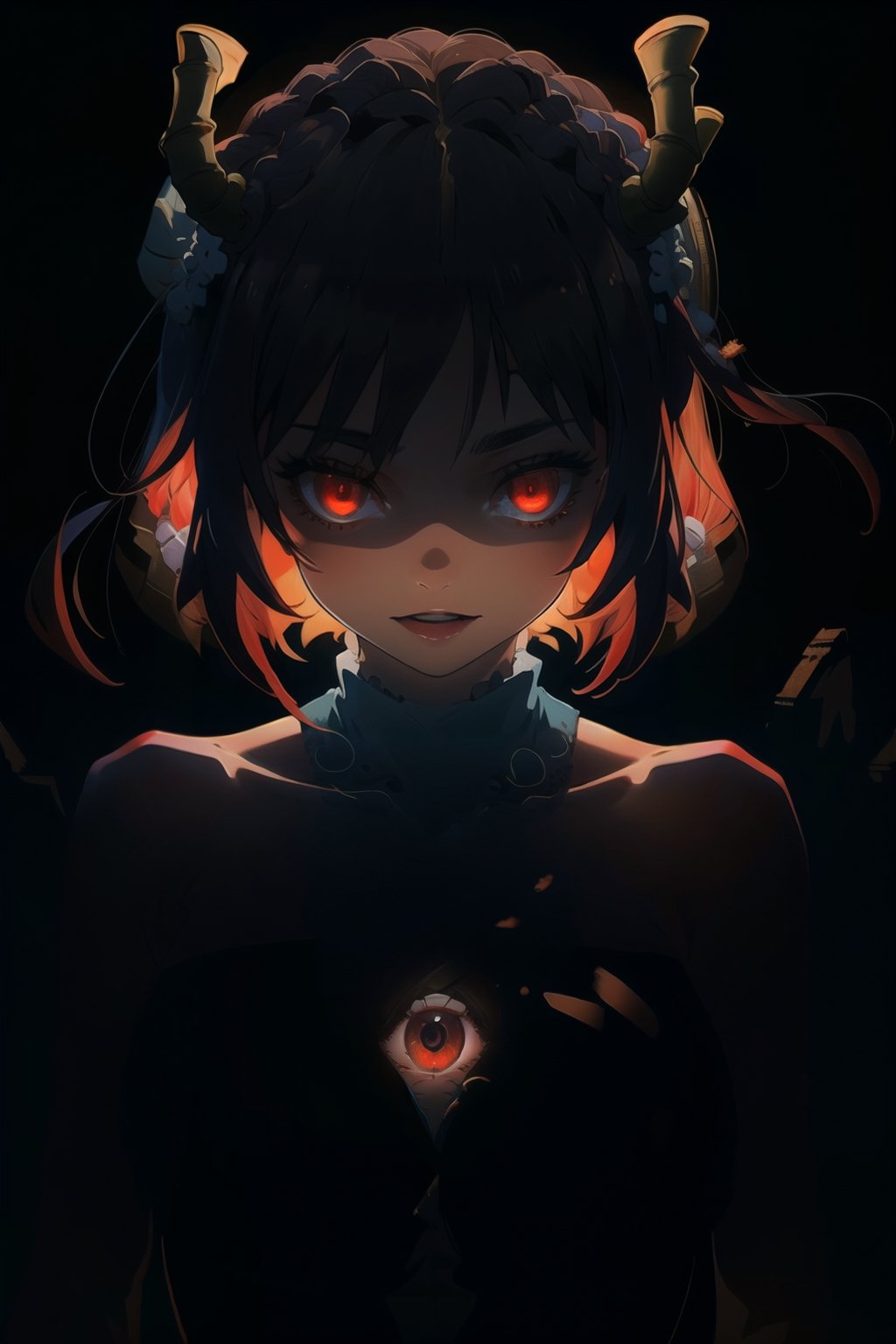 BEST QUALITY, HIGHRES, ABSURDRES, HIGH_RESOLUTION, MASTERPIECE, SUPER DETAIL, HYPER DETAIL, INTRICATE_DETAILS, LIGNE_CLAIRE, PERFECTEYES, DARK EYELASHES, EYELINER, SOFT GLOWING EYES,  tohru (maidragon)

mature_female, simple_background, dark_background, dark_theme, big_breasts, leotard with collar, cleavage cutout, strapless, solo, no light, (red eye_glowing:1.4), medium_hair, glowing_eyes, glow in the dark,highres, :d, 