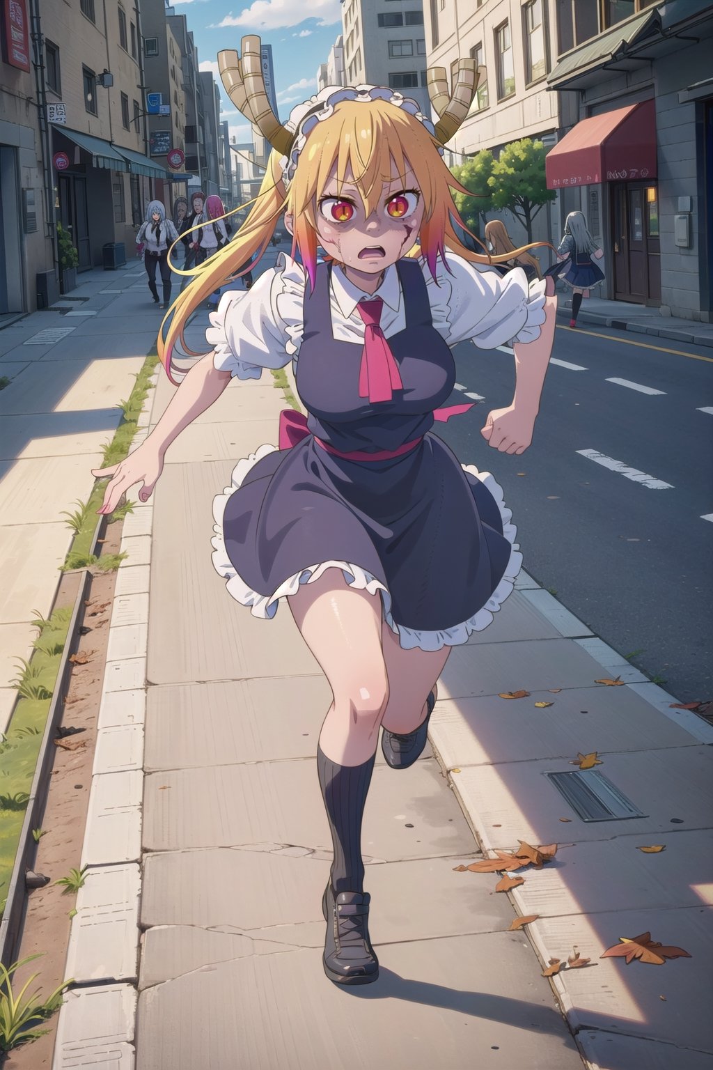 (masterpiece), (highway), 2girls, multiple girls, maid, silver hair, black hair, (running away from a hoard of zombie:1.3), (hoard, zombie:1.3), bus,tohru (maidragon) ,tohru