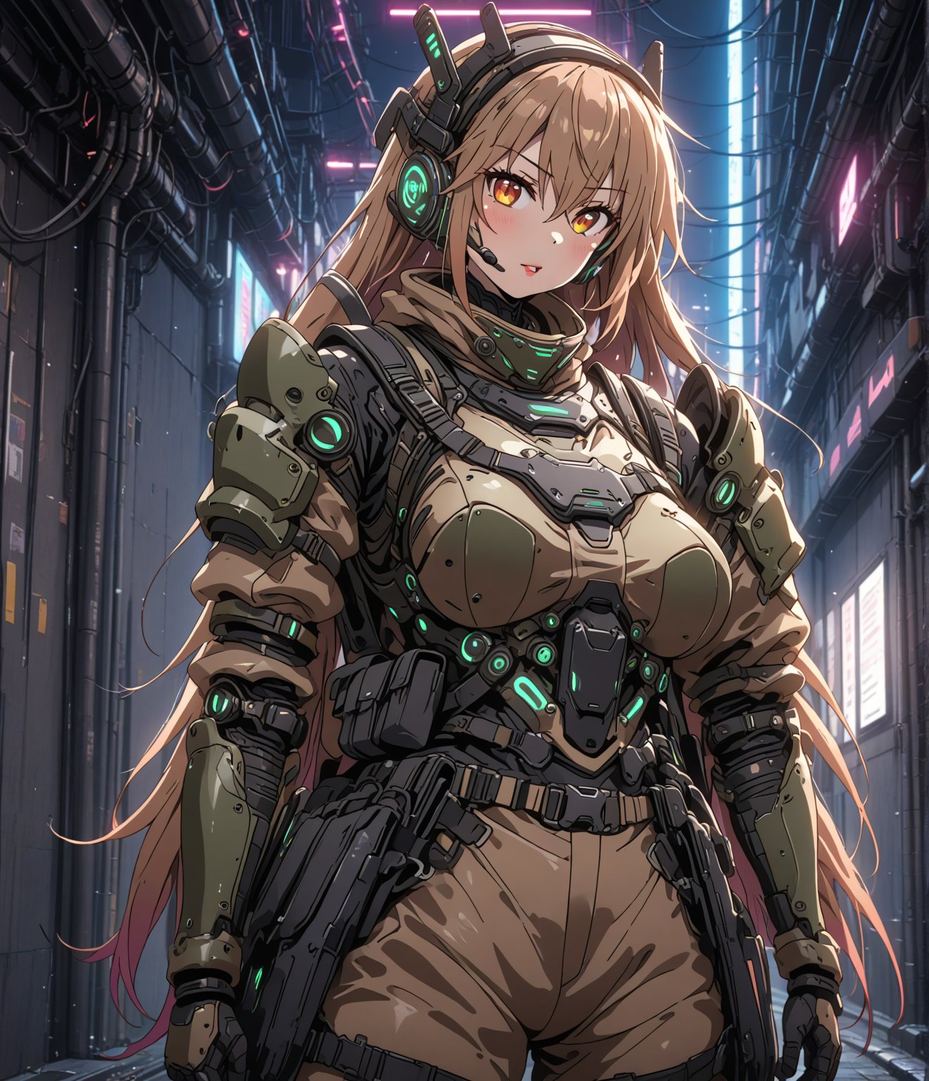 Masterpiece, 4K, ultra detailed, anime style, 1 beautiful busty female soldier wearing tactical headset and brown waist pack, glossy lips, armor plating with LED lights, SFW, alleyway with neon lighting, reflection, depth of field, cyber punk,tohru