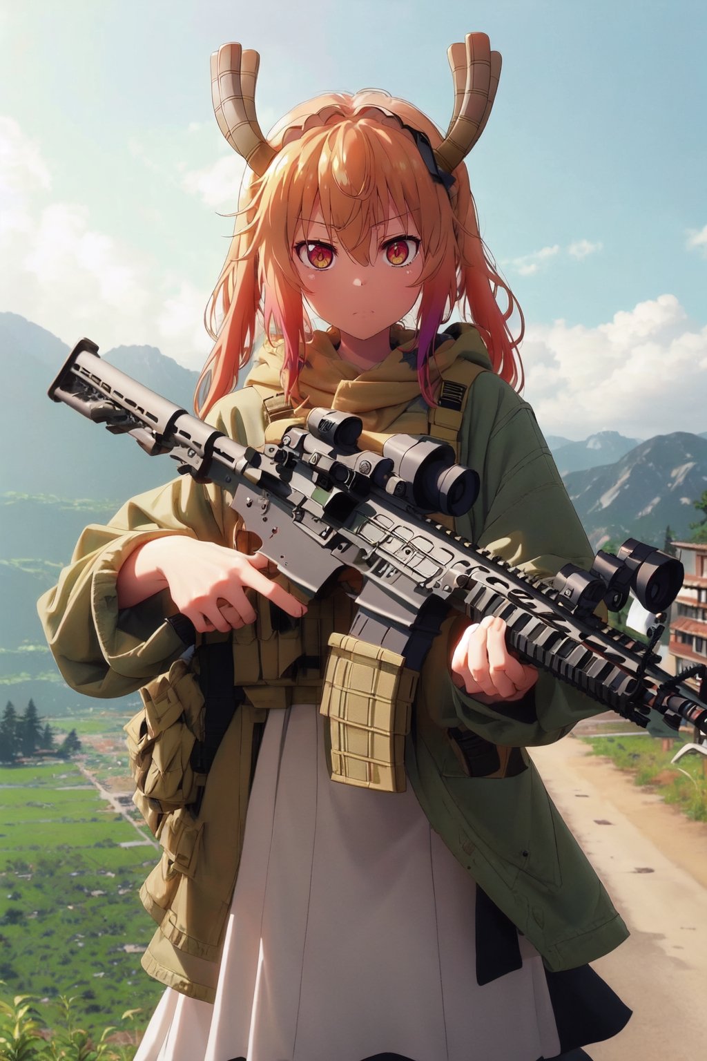 AWP | Dragon Lore (WW),tohru (maidragon) , holding_weapon, sniper, gun,Holding an assault rifle, looking at viewer, pointing the gun, landscape