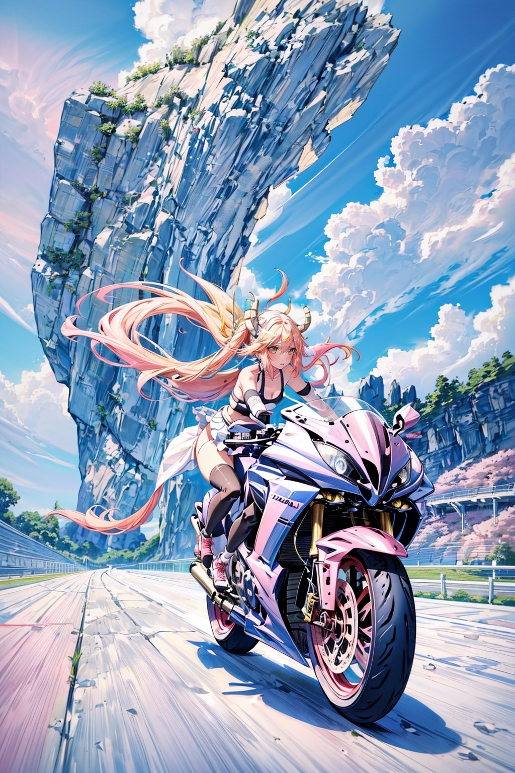 1girl, tohru (maidragon), motion shot, (leaning farwards racing pose), (wind blowing back), (hair blowing in wind), (white and red racing sports bra), yellow skirt, (speed streaks), (riding bike away from camera), nice round butt, racetrack, (white and pink motorbike), (white and pink sport bike), (golden hair), cute features, braids on boths sides, flat chested, long hair, full body, futiristic, alone, yhmotorbike,yhmotorbike,mecha,latex bikesuit,no_humans,