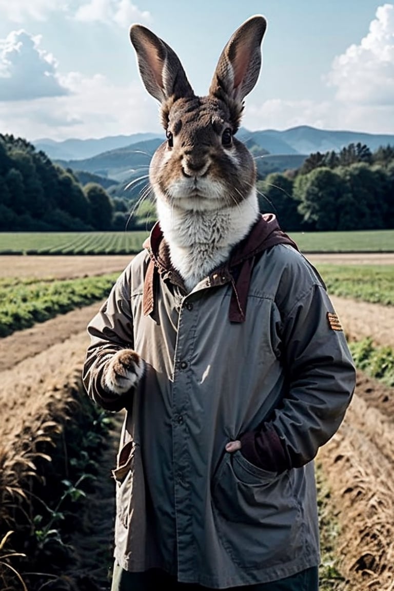 Generate high-quality cinematic image, extreme details, ultra definition, extreme realism, high-quality lighting, 16k UHD, A rabbit in the middle of the field dressed in farmer's clothes pretending to dress just like a human