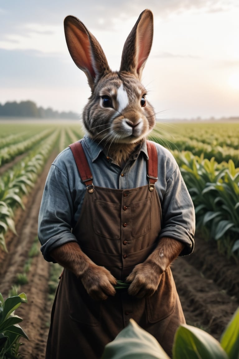 Generate high-quality cinematic image, extreme details, ultra definition, extreme realism, high-quality lighting, 16k UHD, A rabbit in the middle of the field dressed in farmer's clothes pretending to dress just like a human