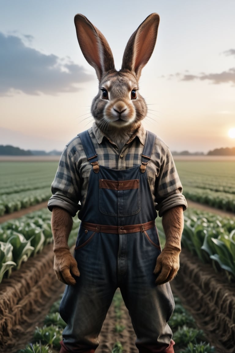 Generate high-quality cinematic image, extreme details, ultra definition, extreme realism, high-quality lighting, 16k UHD, A rabbit in the middle of the field dressed in farmer's clothes pretending to dress just like a human