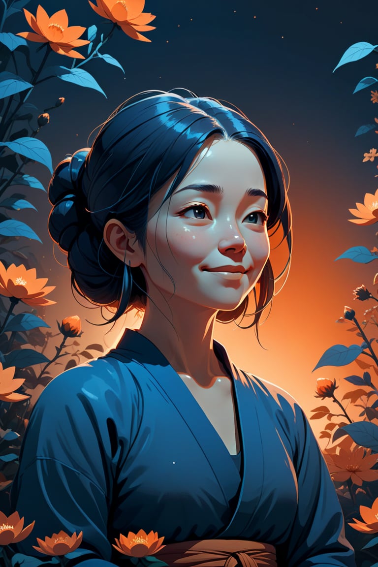 Generate a cinematic image of high quality, extreme detail, ultra definition, extreme realism, high quality lighting, 16k UHD, a vector illustration of a woman in zen mode, related to meditation and calm smiling blue and orange tones for a meditation application but lofi style in the style of Keith Negley, Mike Mignola, Jon Klassen. with flowers and abstract elements around