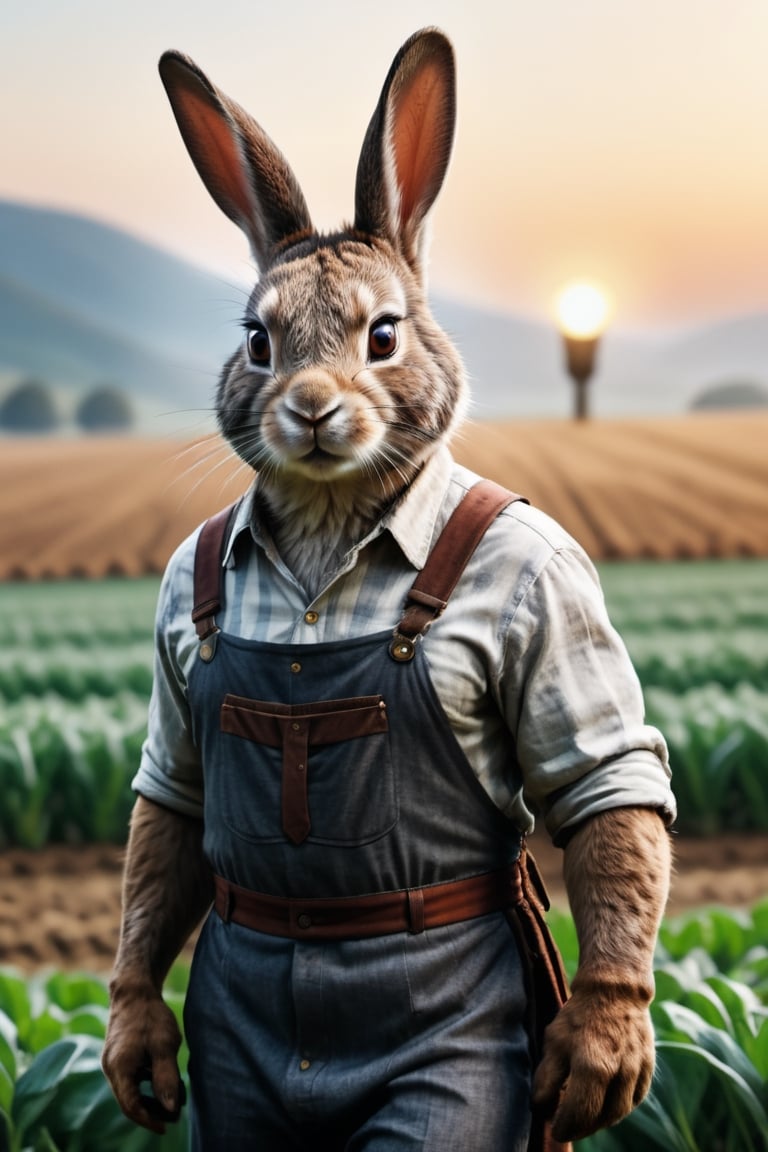 Generate high-quality cinematic image, extreme details, ultra definition, extreme realism, high-quality lighting, 16k UHD, A rabbit in the middle of the field dressed in farmer's clothes pretending to dress just like a human