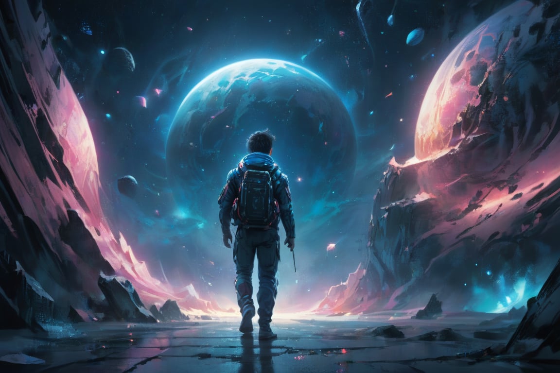 It generates a cinematic image of high quality, extreme details, ultra definition, extreme realism, high quality lighting, 16k UHD, a traveler, walking down a street, in the middle of outer space, with stars and planets around him, the environment is a mixture of blues, pinks and light blue