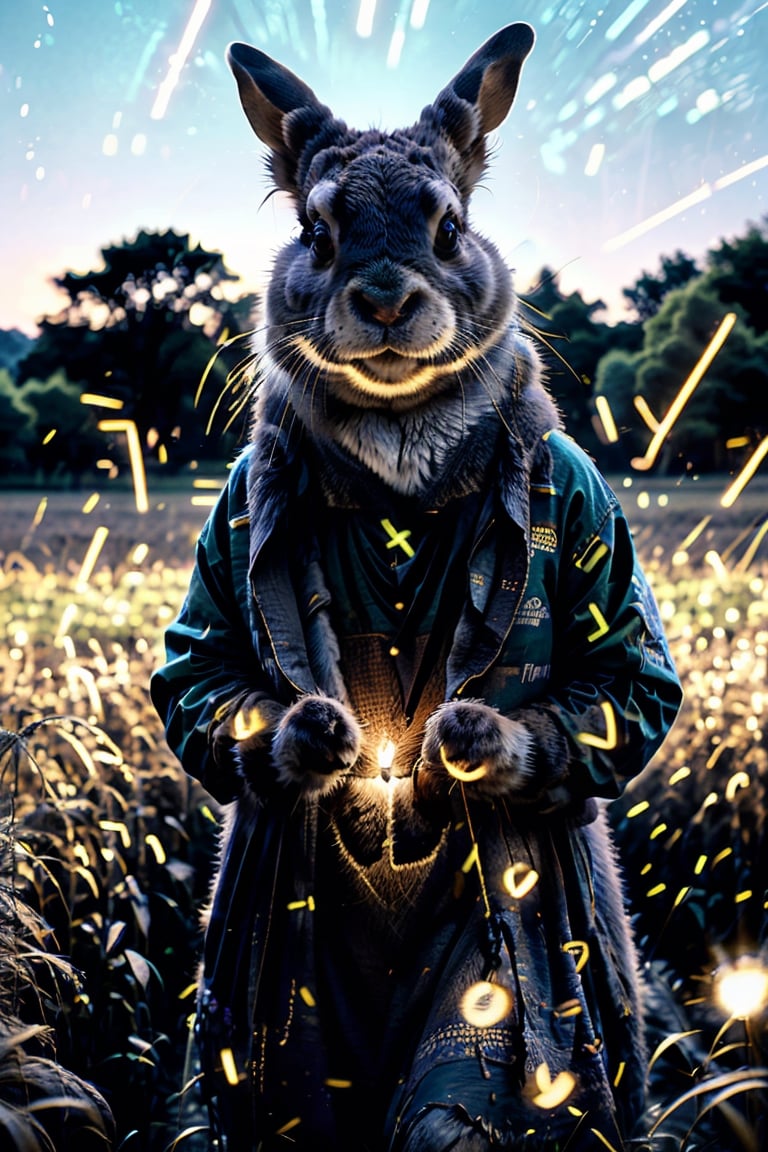 Generates high-quality cinematic image, extreme details, ultra definition, extreme realism, high-quality lighting, 16k UHD, A rabbit in the middle of the field dressed in farmer's clothes pretending to dress just like a realistic full HD human excellent lighting and details