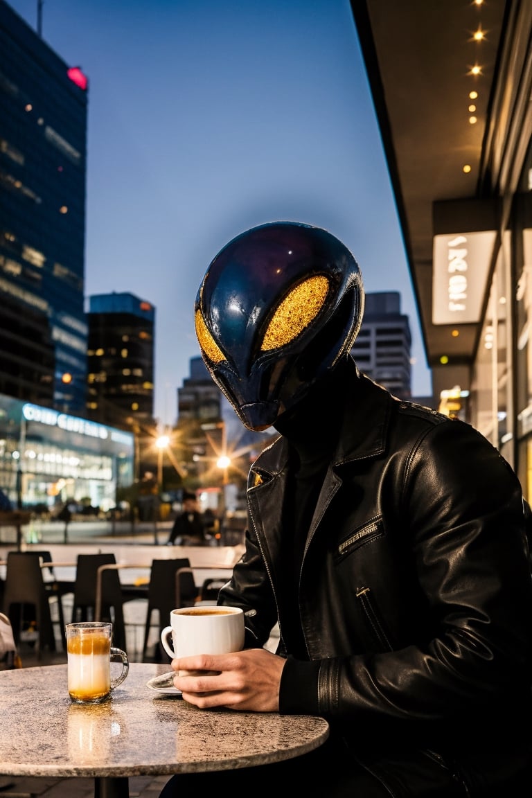 It generates a high-quality cinematic image, extreme details, ultra definition, extreme realism, high-quality lighting, 16k UHD, an alien sitting having a coffee in the middle of the city,gusto,wo_al1enCr3atur3s