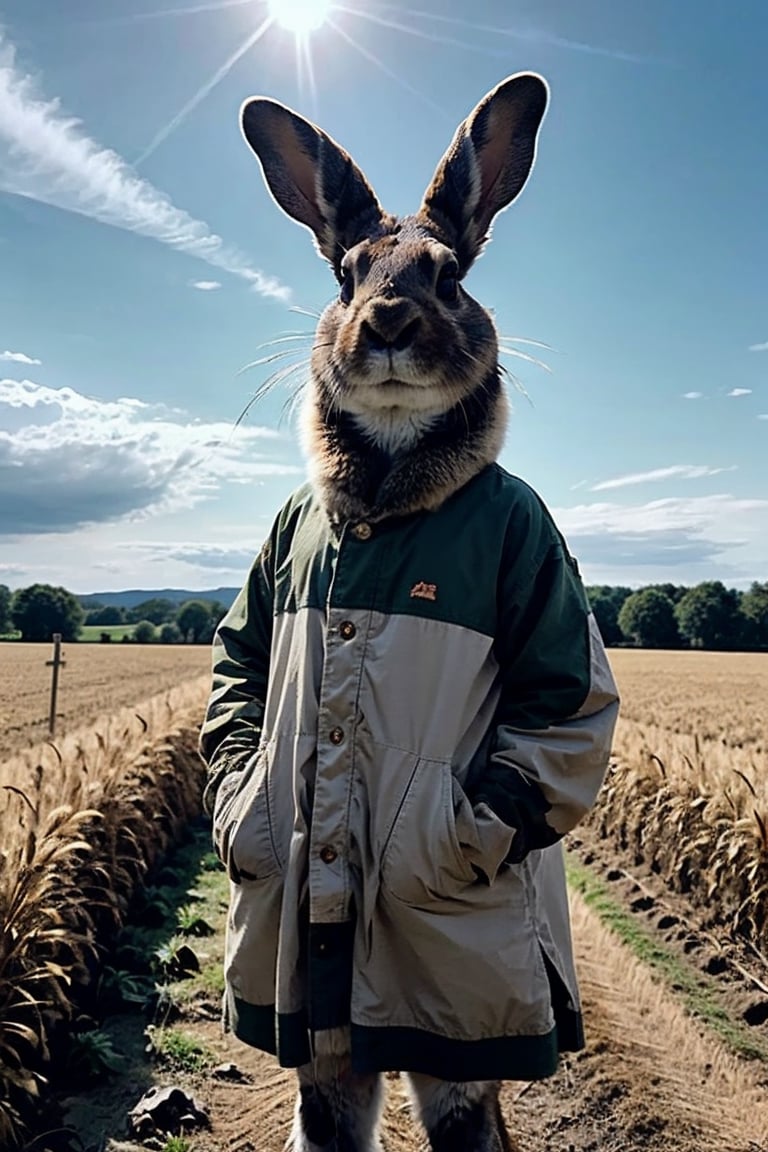 Generate high-quality cinematic image, extreme details, ultra definition, extreme realism, high-quality lighting, 16k UHD, A rabbit in the middle of the field dressed in farmer's clothes pretending to dress just like a human