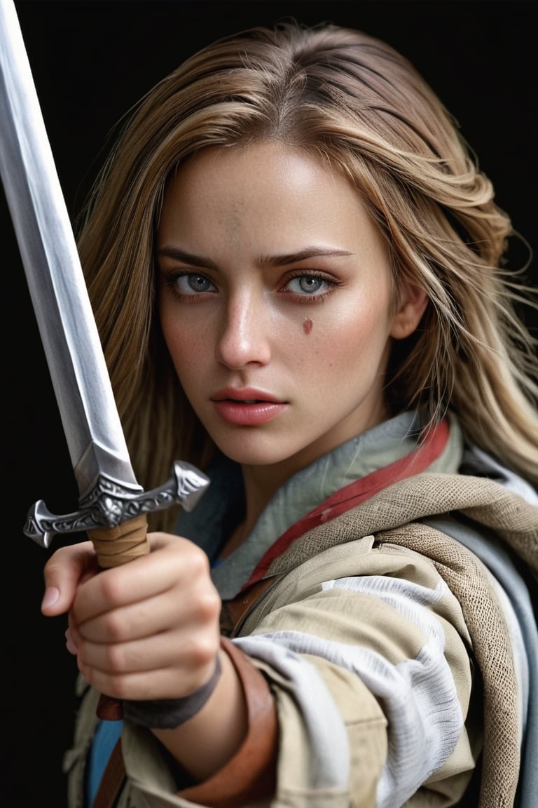 (HYPER-REALISTIC PHOTO) HE CREATES A WOMAN IN WAR CLOTHES, HER HAIR COLOR IS DARK, SHE HAS IT LOOSE AND MOVING, HER FACE IS BEAUTIFUL, SHE HAS A SWORD IN HER HAND (THE SUPER REALISTIC HAND WITH NO MISTAKES) SHE IS IN MOTION, WITH THE CAMERA ,style,photo r3al,real_booster,sad