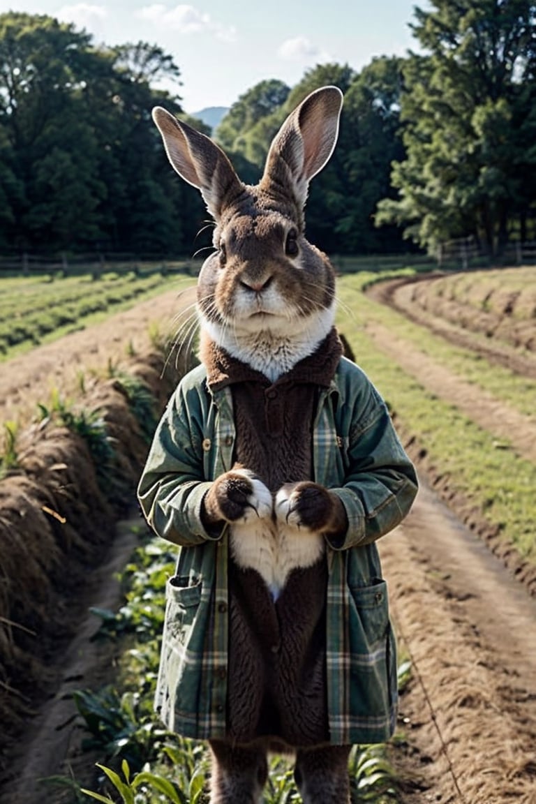 Generate high-quality cinematic image, extreme details, ultra definition, extreme realism, high-quality lighting, 16k UHD, A rabbit in the middle of the field dressed in farmer's clothes pretending to dress just like a human