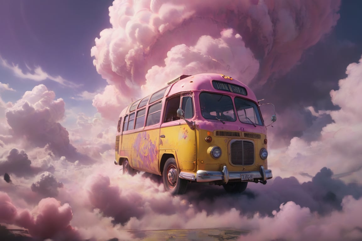 It generates a high-quality cinematic image, extreme details, ultra definition, extreme realism, high-quality lighting, 16k UHD, a yellow hippie-style bus coming out of a pink-violet cloud in the sky, as if suspended in the air