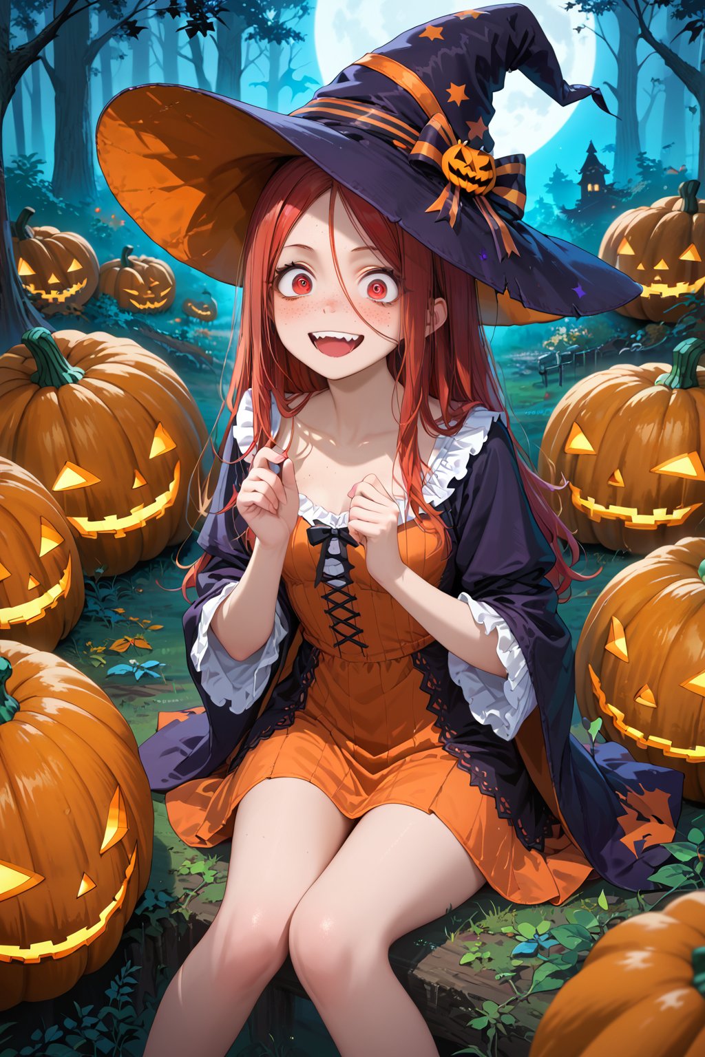 score_9, score_8_up, score_7_up, source_anime, masterpiece, gloomy and sinister halloween scenery, fantasy forest, giant pumpkins with evil luminous face, cute witch, red hair, red eyes, blushing, freckles, dark and orange two-tones sorceress dress, sorceress hat, halloween outfit, crazy face, sadistic smile, (sitting on a giant huge pumpkin:1.4)