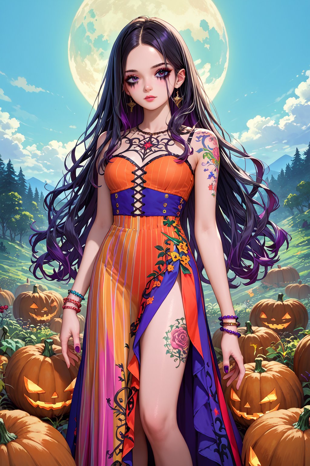 score_9, score_8_up, score_7_up, source_anime, masterpiece, paradisiac landscape, wizard girl, intricate two-tones silky dress, dark hair, long hair, bracelets, strange tattoos, giant pumpkins fields, dark mascara