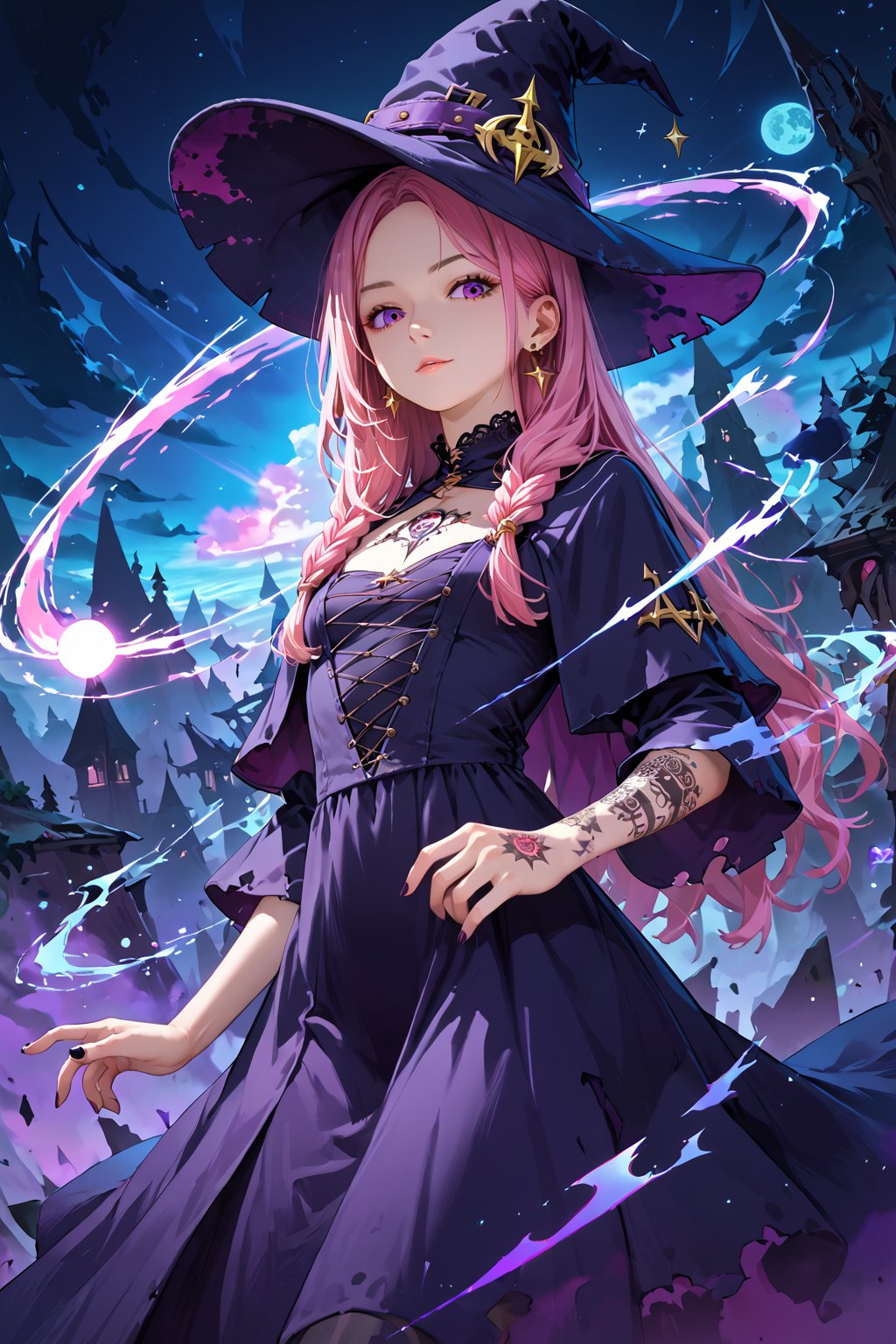 score_9, score_8_up, score_7_up, source_anime, paradisiac cosmic landscape, witch girl, pink hair, long hai, manipulating a purple energy wave in her hands, (strange tattoos on her face:1.2), witch hat, witch dress