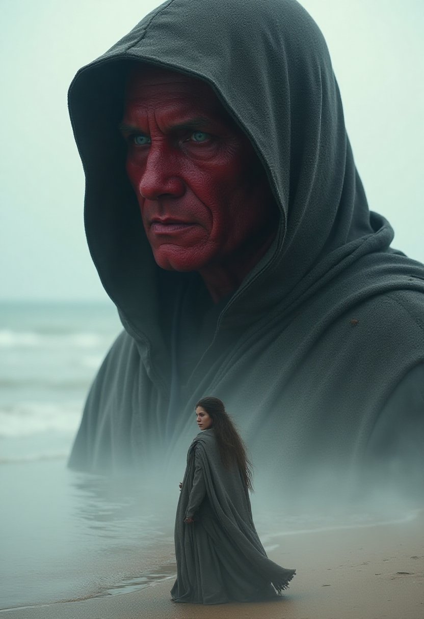 Cinematic style, Beauty, Chiaroscuro, High quality, illustration, 
(double exposure of hooded red skinned Sith and beautiful Jedi woman), [close-up of Sith's face in the distance above: Jedi woman standing on the beach, wearing a gray robe : 0.25],