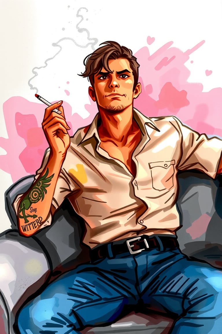 The vivid cartoon drawing, made at eye level, shows a sexy man with dark hair, wearing a button-down shirt with a black collar and long sleeves, belted with a black belt, sitting in a relaxed position on a gray sofa. His right hand rests on the armrest of the sofa, while in his left he holds a cigarette. His left wrist is decorated with tattoos that add brightness to the scene. The sofa is set against a background of pink and blue backlight, which creates a striking contrast with men's attire,watercolor,painting,paper texture,watercolor paper,sketch,colored pencil,ART_painting,art_solyanka, watercolor