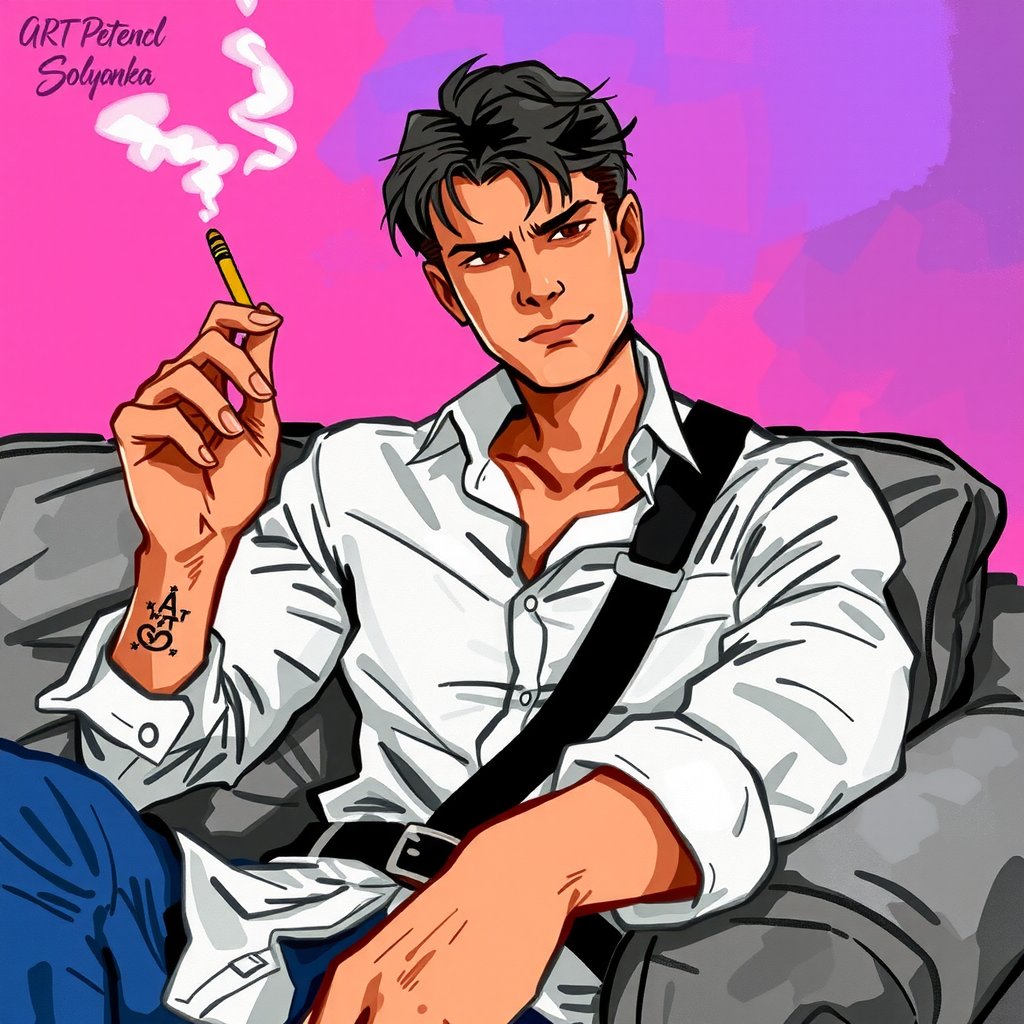 The vivid cartoon drawing, made at eye level, shows a sexy man with dark hair, wearing a button-down shirt with a black collar and long sleeves, belted with a black belt, sitting in a relaxed position on a gray sofa. His right hand rests on the armrest of the sofa, while in his left he holds a cigarette. His left wrist is decorated with tattoos that add brightness to the scene. The sofa is set against a background of pink and blue backlight, which creates a striking contrast with men's attire,watercolor,painting,paper texture,watercolor paper,sketch,colored pencil,ART_painting,art_solyanka, watercolor