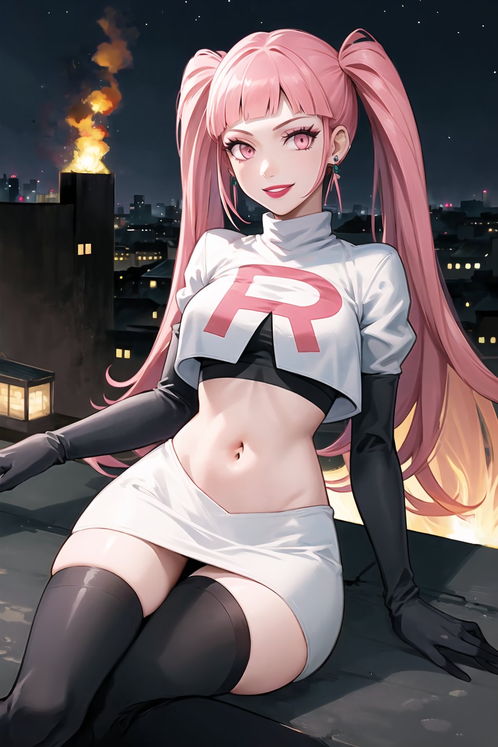 Team Rocket, cropped jacket, white jacket, crop top, jacket, gloves, black gloves, elbow gloves, navel, midriff, white skirt, miniskirt, skirt, black thighhigh boots,military_uniform,looking at viewer, city, night, sky, (intricately detailed, hyperdetailed), burning building background,depth of field, best quality, masterpiece, intricate details, tonemapping, sharp focus, hyper detailed, trending on Artstation,1 girl, high res, official art,evil smile,purple_eyeshadow,pink_lipstick,crossed_legs_(sitting),hilda_valentine_goneril, pink hair, long hair, pink eyes, twintails, jewelry 