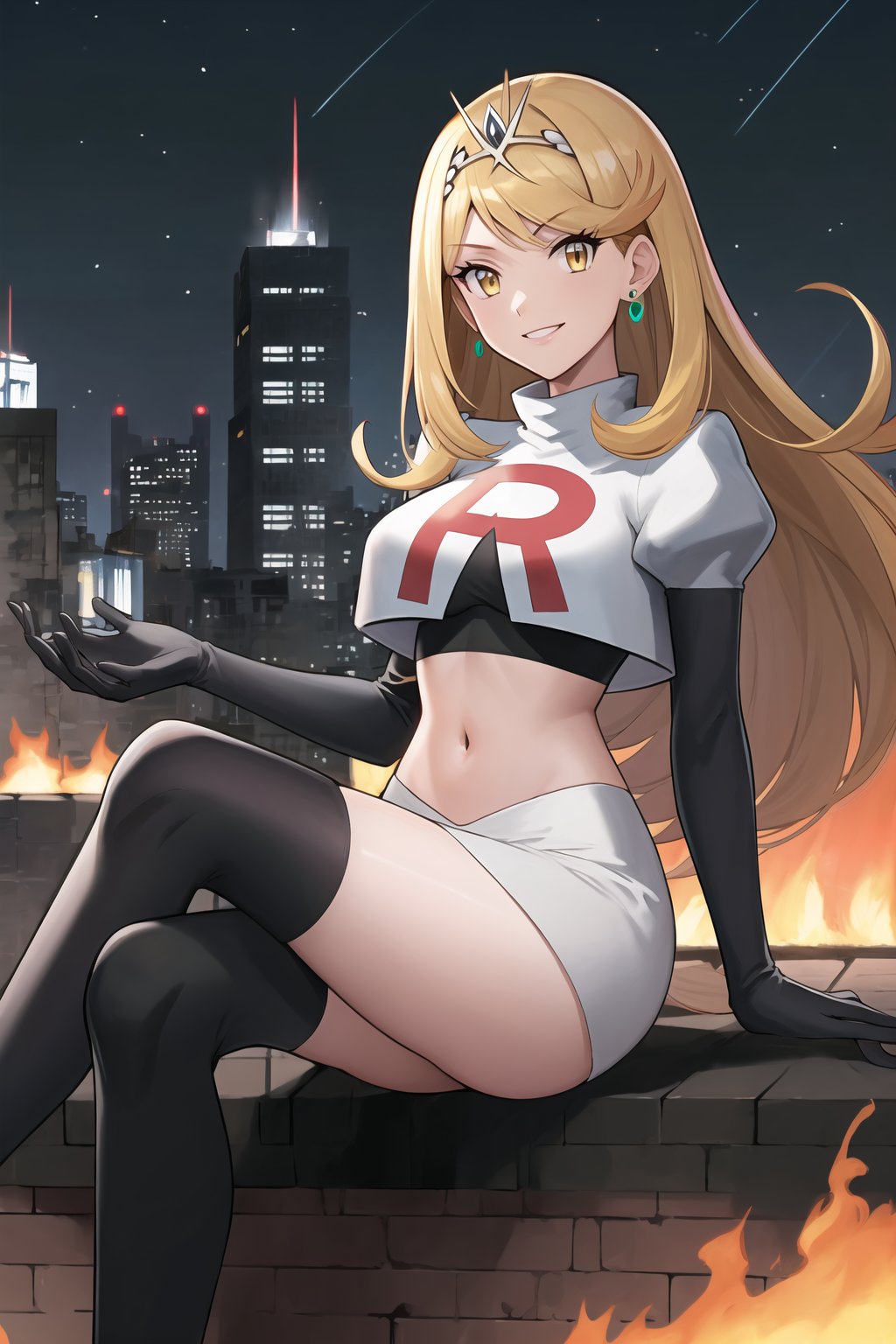 Team Rocket, cropped jacket, white jacket, crop top, jacket, gloves, black gloves, elbow gloves, navel, midriff, white skirt, miniskirt, skirt, black thighhigh boots,military_uniform,looking at viewer, city, night, sky, (intricately detailed, hyperdetailed), burning building background,depth of field, best quality, masterpiece, intricate details, tonemapping, sharp focus, hyper detailed, trending on Artstation,1 girl, high res, official art,evil smile,crossed_legs_(sitting),mythradef, tiara, earrings,yellow_eyes