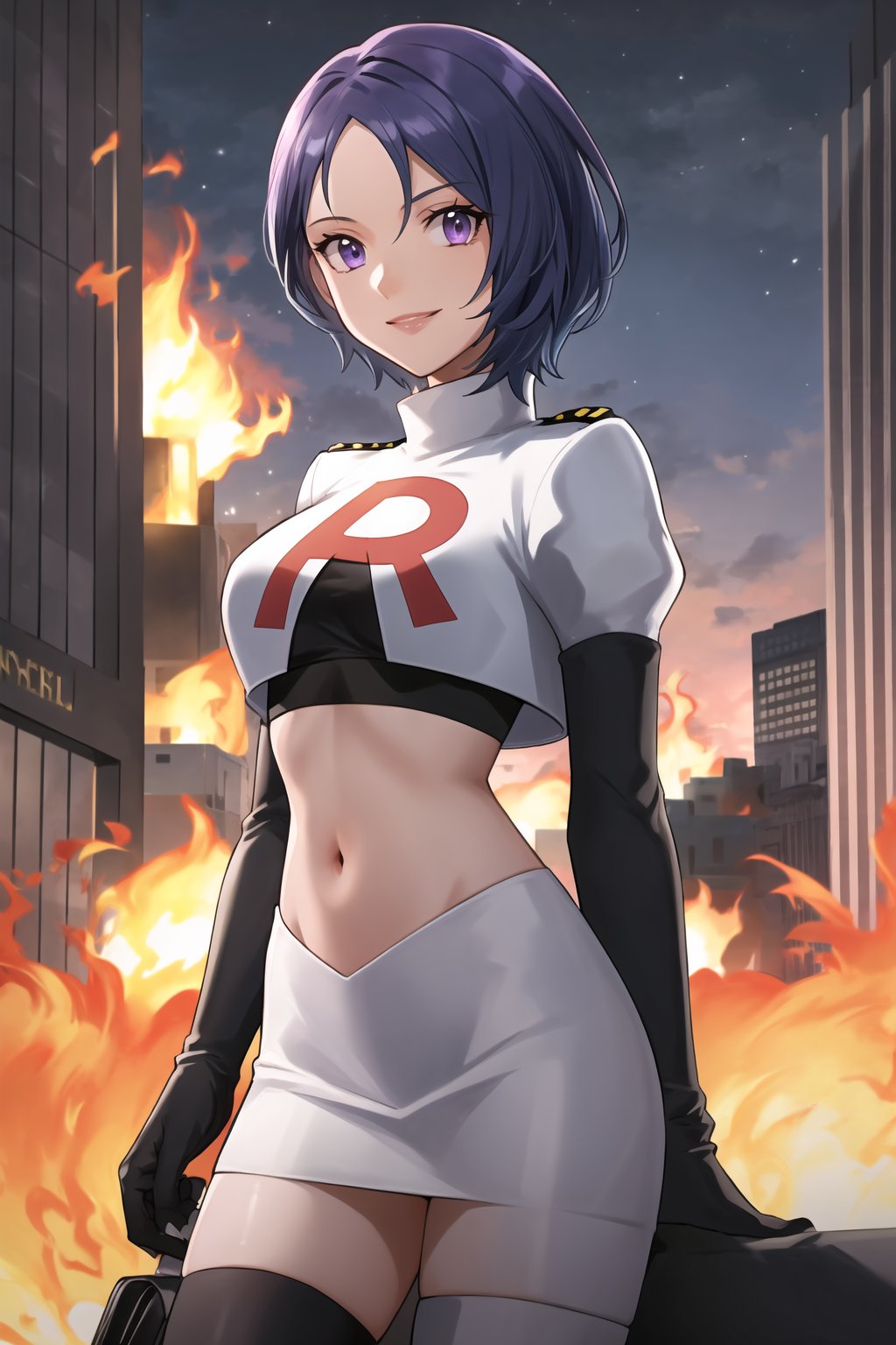 Team Rocket, cropped jacket, white jacket, crop top, jacket, gloves, black gloves, elbow gloves, navel, midriff, white skirt, miniskirt, skirt, black thighhigh boots,military_uniform,looking at viewer, city, night, sky, (intricately detailed, hyperdetailed), burning building background,depth of field, best quality, masterpiece, intricate details, tonemapping, sharp focus, hyper detailed, trending on Artstation,1 girl, high res, official art,evil smile,defShamir, purple_eyes,short_hair