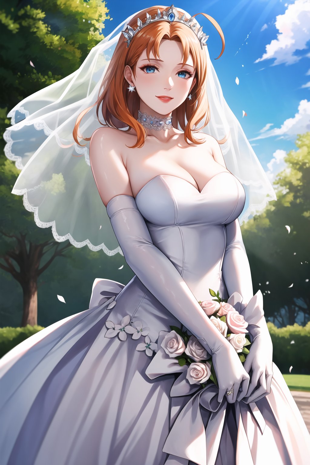 annette_war,hair between eyes, ahoge, orange_hair, star \(symbol\), hair ornament, dress, cleavage, bare shoulders, collarbone, long white elbow gloves, white gloves, white dress, white choker, strapless, tiara, veil, strapless dress, wedding dress, bridal veil, beautiful woman, perfect body, perfect breasts, wearing a wedding dress, ball gown,lipstick,makeup ,in the park trees, wedding decorations, a in love smile, realism, masterpiece, textured skin, super detail, high detail, high quality, best quality, 1080p, 16k,