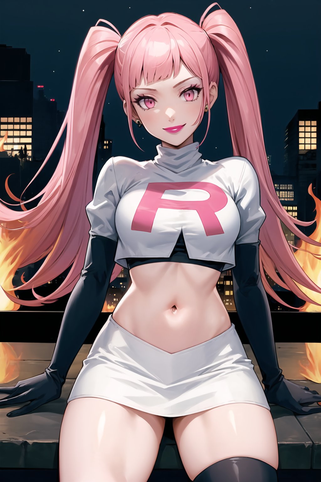 Team Rocket, cropped jacket, white jacket, crop top, jacket, gloves, black gloves, elbow gloves, navel, midriff, white skirt, miniskirt, skirt, black thighhigh boots,military_uniform,white_military_hat,looking at viewer, city, night, sky, (intricately detailed, hyperdetailed), burning building background,depth of field, best quality, masterpiece, intricate details, tonemapping, sharp focus, hyper detailed, trending on Artstation,1 girl, high res, official art,evil smile,purple_eyeshadow,pink_lipstick,crossed_legs_(sitting),hilda_valentine_goneril, pink hair, long hair, pink eyes, twintails, jewelry 