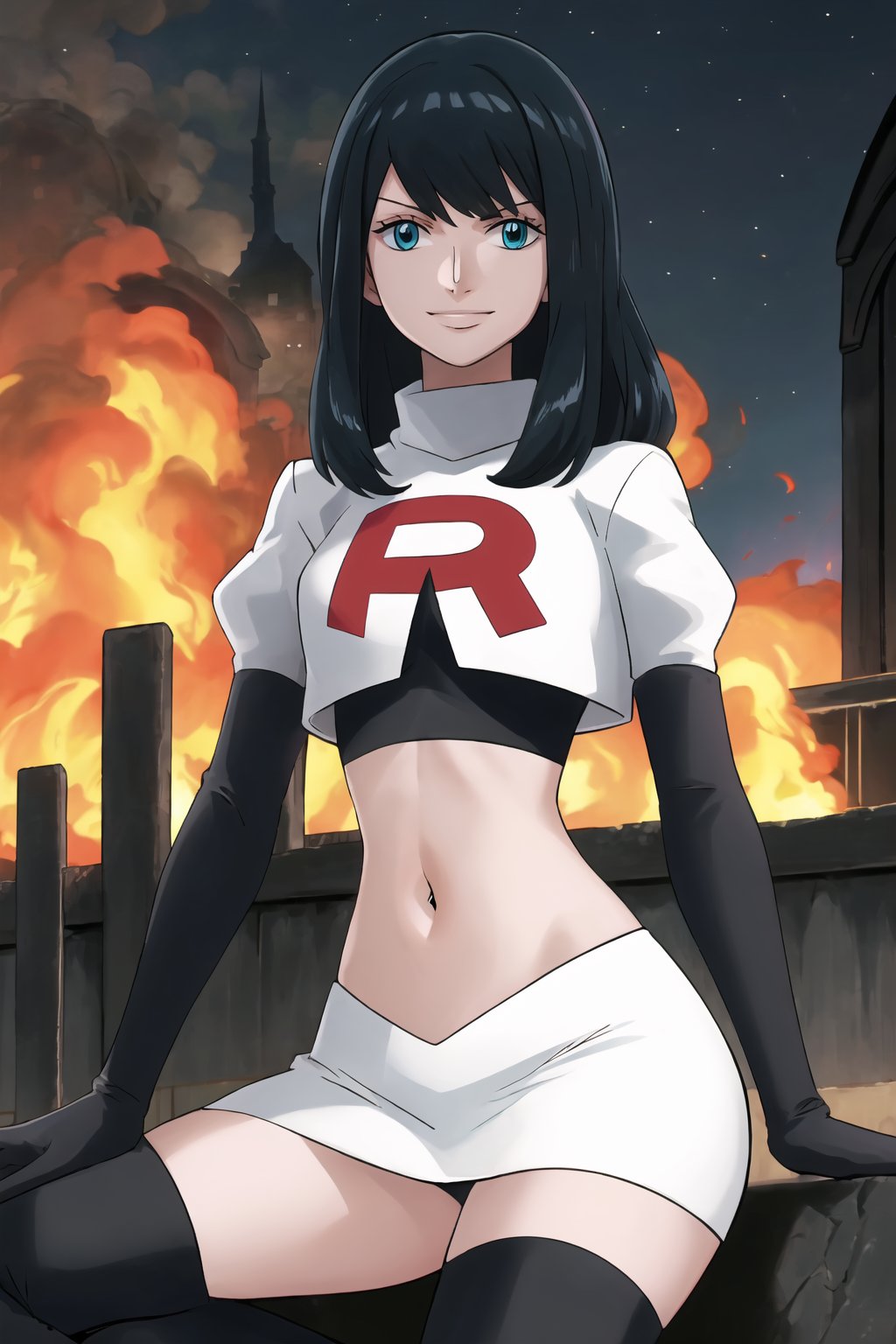 Team Rocket, cropped jacket, white jacket, crop top, jacket, gloves, black gloves, elbow gloves, navel, midriff, white skirt, miniskirt, skirt, black thighhigh boots,military_uniform,looking at viewer, city, night, sky, (intricately detailed, hyperdetailed), burning building background,depth of field, best quality, masterpiece, intricate details, tonemapping, sharp focus, hyper detailed, trending on Artstation,1 girl, high res, official art,evil smile,crossed_legs_(sitting),nicorob,  black_hair,blue_eyes