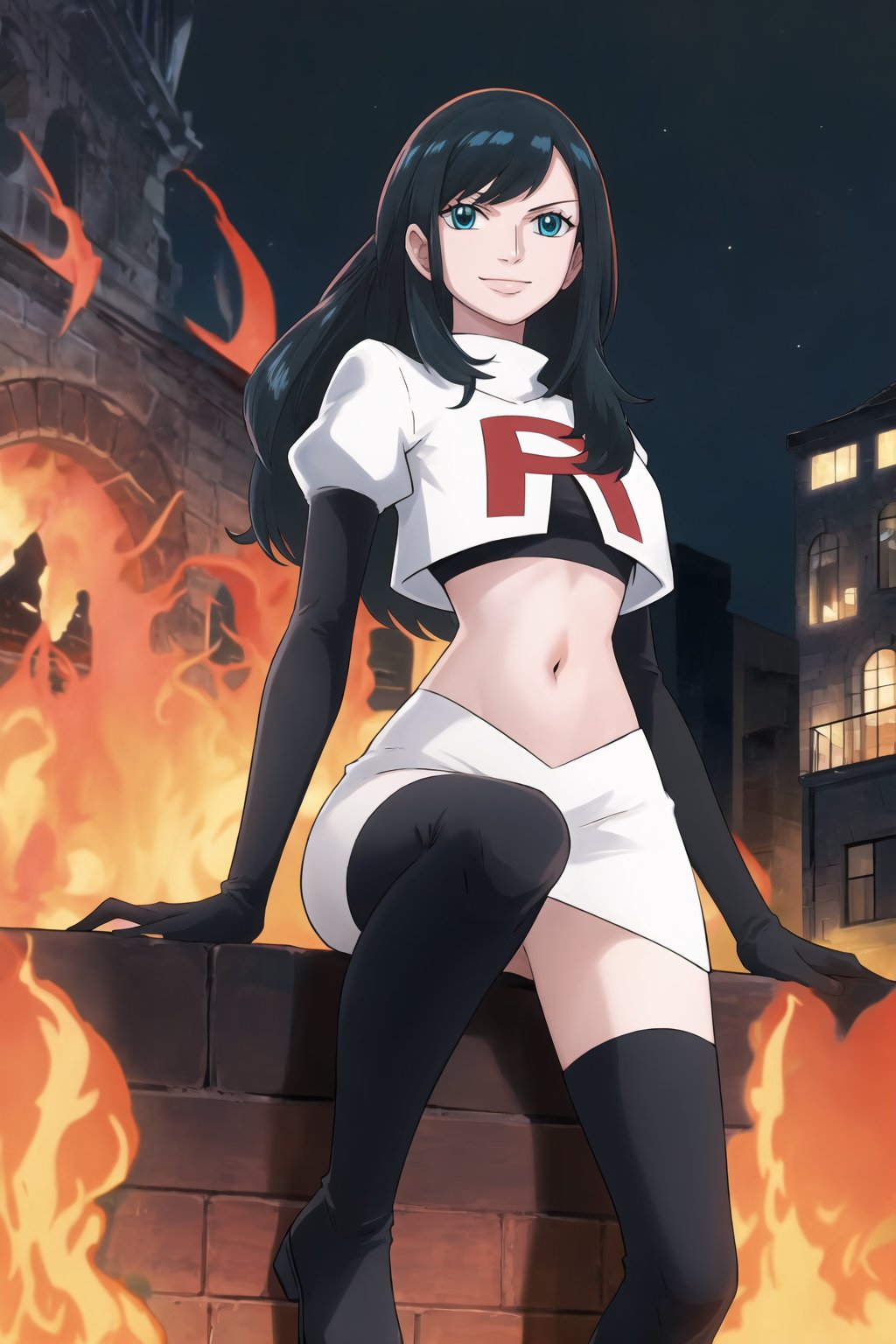 Team Rocket, cropped jacket, white jacket, crop top, jacket, gloves, black gloves, elbow gloves, navel, midriff, white skirt, miniskirt, skirt, black thighhigh boots,military_uniform,looking at viewer, city, night, sky, (intricately detailed, hyperdetailed), burning building background,depth of field, best quality, masterpiece, intricate details, tonemapping, sharp focus, hyper detailed, trending on Artstation,1 girl, high res, official art,evil smile,crossed_legs_(sitting),nicorob,  black_hair,blue_eyes