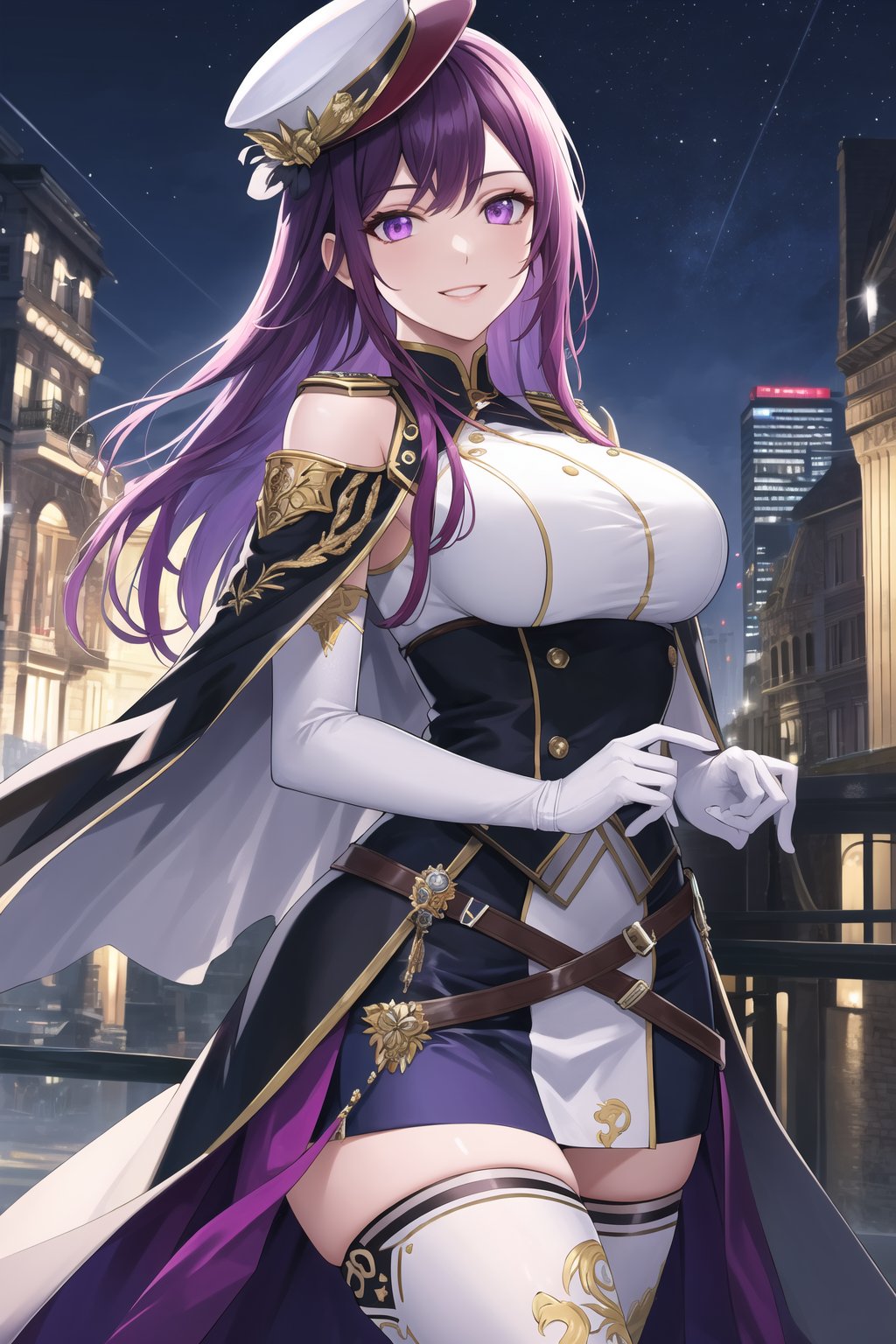 elbow gloves, white skirt, miniskirt, skirt, black thighhigh boots,white_gloves,white_military_uniform,white_military_hat,long white elbow gloves,sleeveless ,no_sleeves,shoulder_cape,looking at viewer, city, night, sky, (intricately detailed, hyperdetailed), frozen building background,depth of field, best quality, masterpiece, intricate details, tonemapping, sharp focus, hyper detailed, trending on Artstation,1 girl, high res, official art,evil smile,purple_eyes,IVY FE,purple-hair