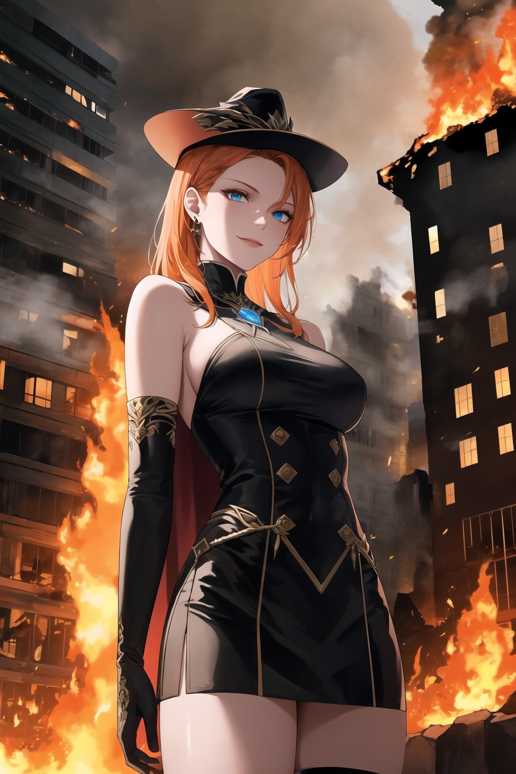 In the midst of a cityscape at night, a lone figure stands out against a backdrop of flames engulfing a burning building. The subject, an evil sorceress, dons white military attire, complete with a hat and long elbow gloves, her orange hair ablaze like the inferno behind her. Her blue eyes gleam with malevolence as she gazes directly at the viewer, her sleeveless shoulders capped by a flowing cape. She wears a miniskirt over black thigh-high boots, an incongruous juxtaposition of innocence and menace. The scene is bathed in a warm, orange-hued light, with intricate details like smoke billowing from the burning building and subtle texture on the sorceress's gloves. The focus is sharp, with a shallow depth of field drawing attention to the subject's evil smile and piercing eyes. This hyper-detailed masterpiece would surely be trending on Artstation, with its high resolution and official art quality making it a standout piece.