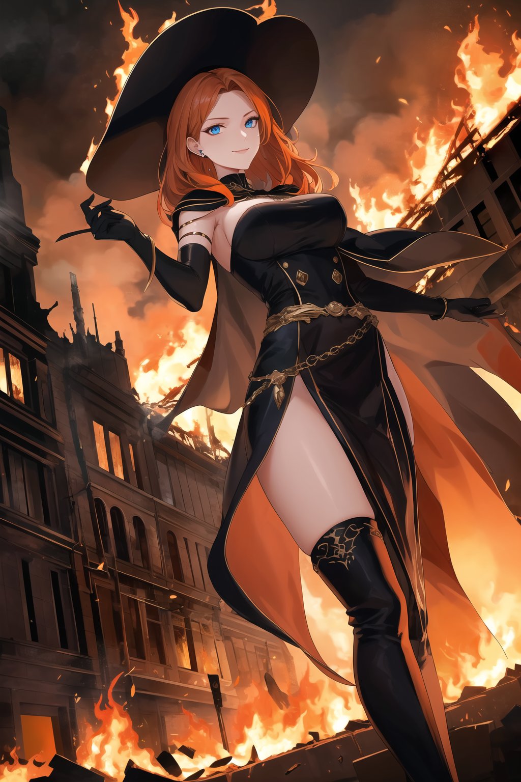 In the midst of a cityscape at night, a lone figure stands out against a backdrop of flames engulfing a burning building. The subject, an evil sorceress, dons white military attire, complete with a hat and long elbow gloves, her orange hair ablaze like the inferno behind her. Her blue eyes gleam with malevolence as she gazes directly at the viewer, her sleeveless shoulders capped by a flowing cape. She wears a miniskirt over black thigh-high boots, an incongruous juxtaposition of innocence and menace. The scene is bathed in a warm, orange-hued light, with intricate details like smoke billowing from the burning building and subtle texture on the sorceress's gloves. The focus is sharp, with a shallow depth of field drawing attention to the subject's evil smile and piercing eyes. This hyper-detailed masterpiece would surely be trending on Artstation, with its high resolution and official art quality making it a standout piece.