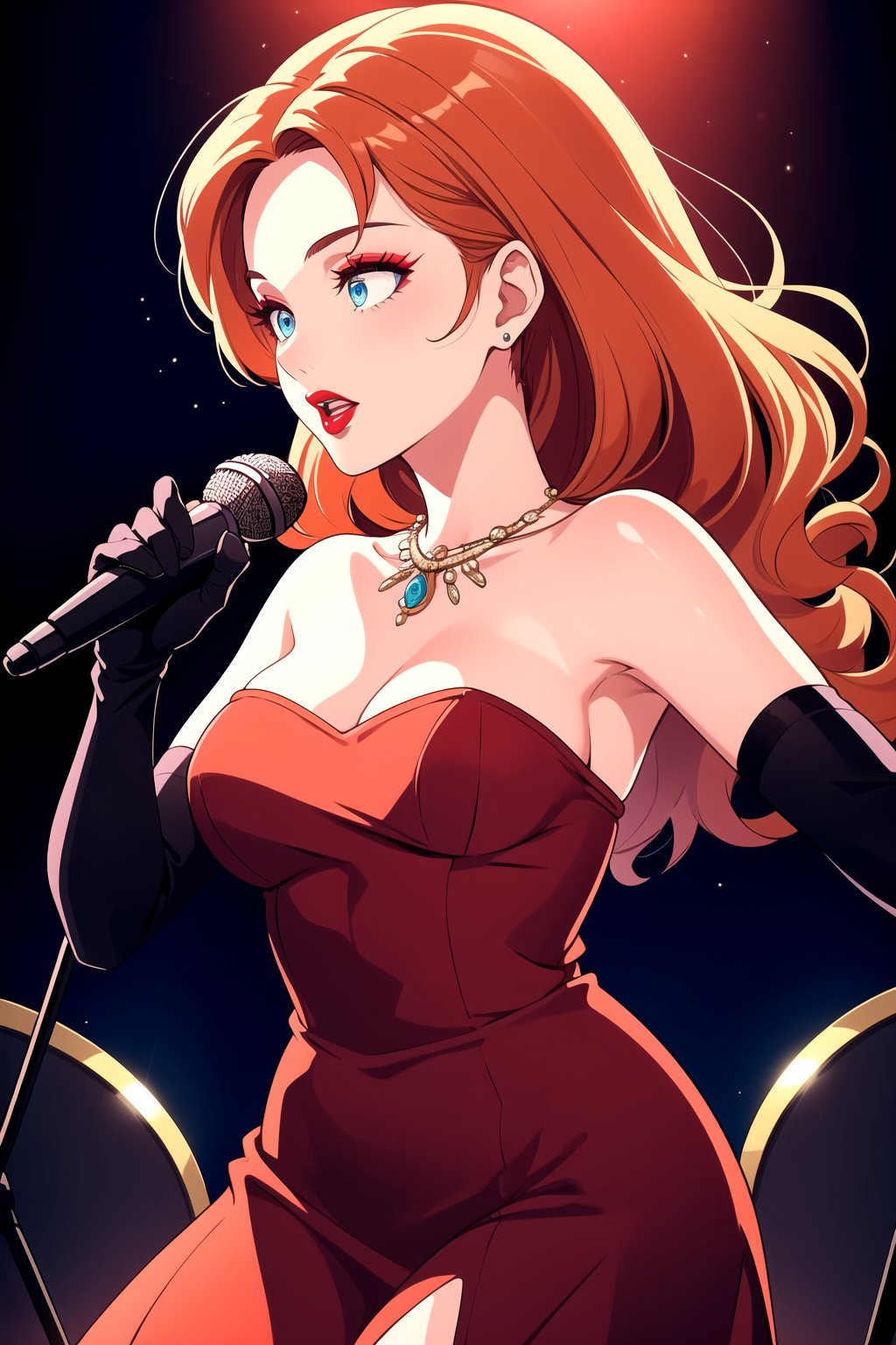 best quality,4k,8k,highres,masterpiece:1.2),ultra-detailed,(realistic,photorealistic,photo-realistic:1.37), vibrant colors, stage spotlight, vintage microphone, elegant hair, graceful pose, dynamic atmosphere, stylish interior, classic jazz era vibes, captivating performance, soulful expression, animated jazz band, rhythmic music, passionate singing, microphone stand, energetic crowd, glamorous ambiance, seamless visual composition, enchanting red lighting, annette_war, in a red dress, blue eyes, orange hair, long hair, long white elbow gloves, wearing red lipstick, wearing light purple eye shadow, wearing makeup, holding old 1920s microphone, jazz club background, singing