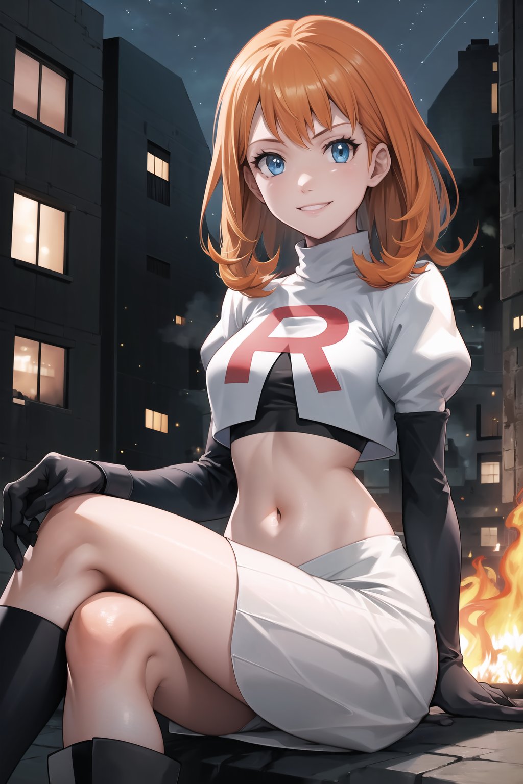 Team Rocket, cropped jacket, white jacket, crop top, jacket, gloves, black gloves, elbow gloves, navel, midriff, white skirt, miniskirt, skirt, black thighhigh boots,military_uniform,looking at viewer, city, night, sky, (intricately detailed, hyperdetailed), burning building background,depth of field, best quality, masterpiece, intricate details, tonemapping, sharp focus, hyper detailed, trending on Artstation,1 girl, high res, official art,evil smile,crossed_legs_(sitting), annette_war,orange_hair,long_hair