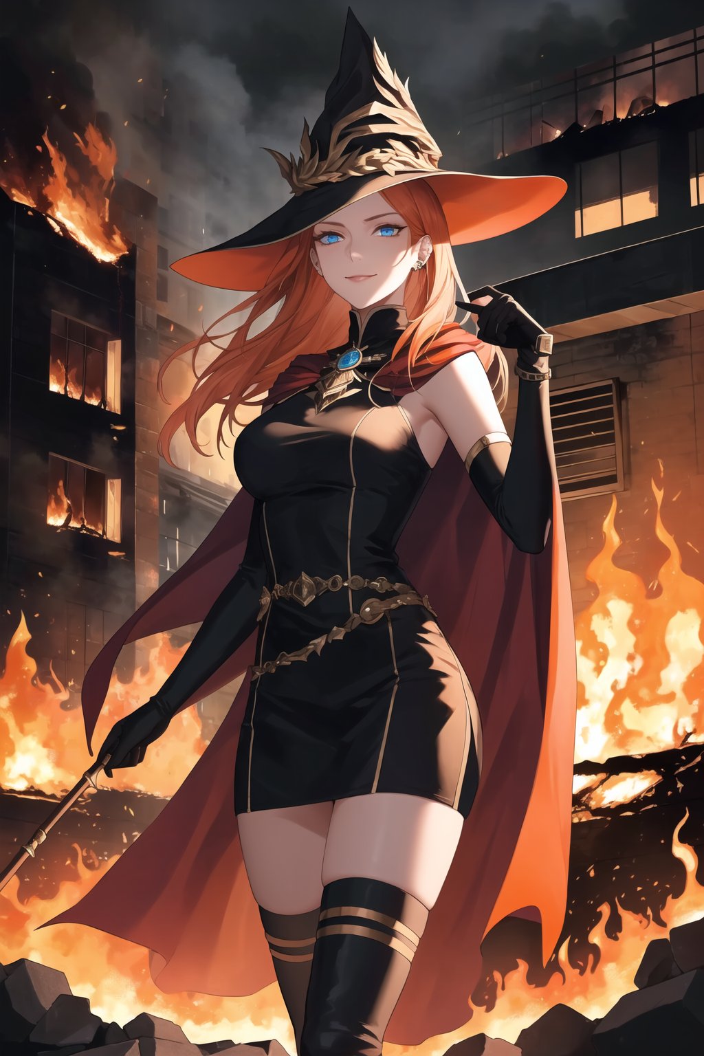 In the midst of a cityscape at night, a lone figure stands out against a backdrop of flames engulfing a burning building. The subject, an evil sorceress, dons white military attire, complete with a hat and long elbow gloves, her orange hair ablaze like the inferno behind her. Her blue eyes gleam with malevolence as she gazes directly at the viewer, her sleeveless shoulders capped by a flowing cape. She wears a miniskirt over black thigh-high boots, an incongruous juxtaposition of innocence and menace. The scene is bathed in a warm, orange-hued light, with intricate details like smoke billowing from the burning building and subtle texture on the sorceress's gloves. The focus is sharp, with a shallow depth of field drawing attention to the subject's evil smile and piercing eyes. This hyper-detailed masterpiece would surely be trending on Artstation, with its high resolution and official art quality making it a standout piece.