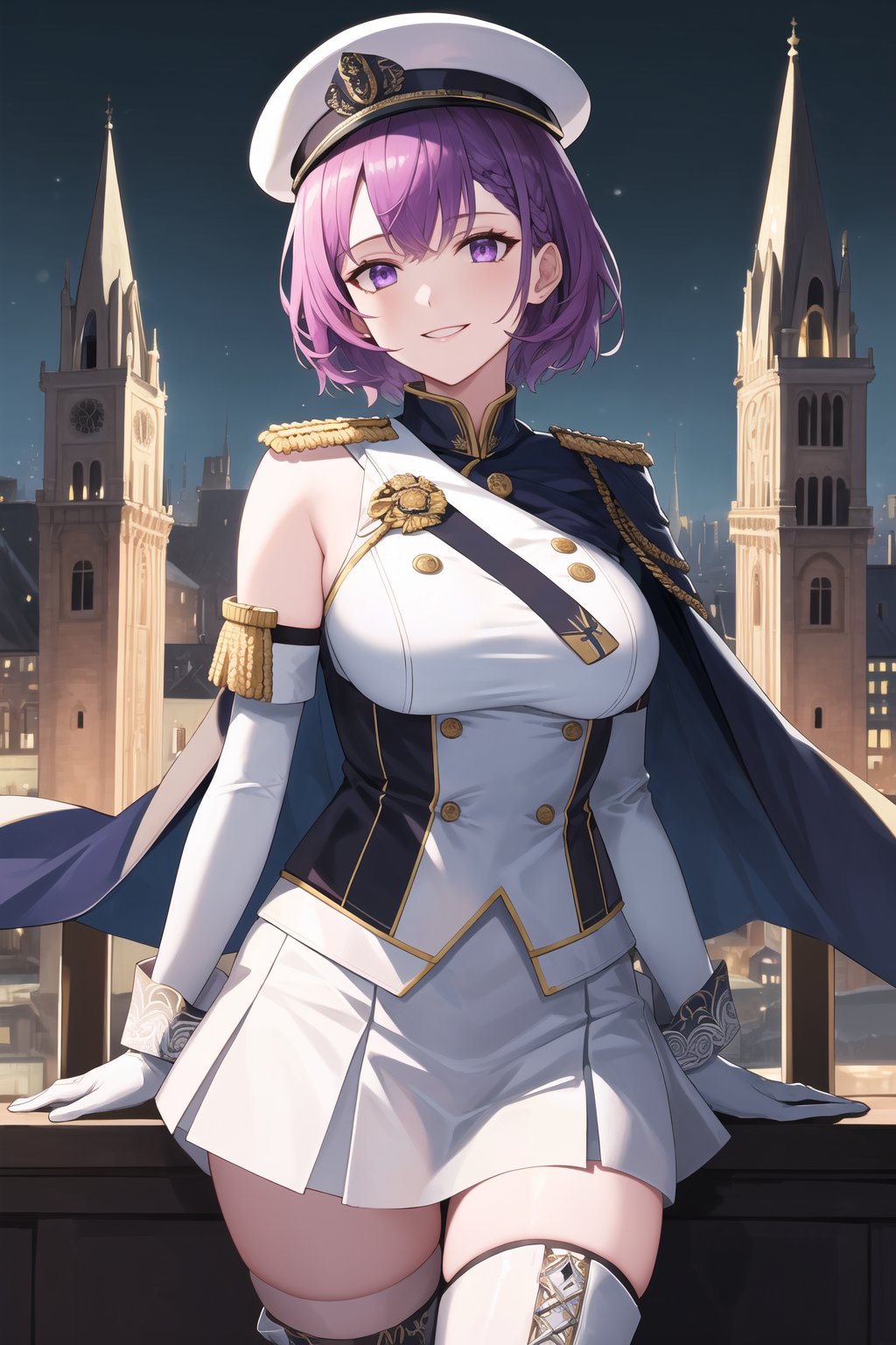 elbow gloves, white skirt, miniskirt, skirt, black thighhigh boots,white_gloves,white_military_uniform,white_military_hat,long white elbow gloves,sleeveless ,no_sleeves,shoulder_cape,looking at viewer, city, night, sky, (intricately detailed, hyperdetailed), frozen building background,depth of field, best quality, masterpiece, intricate details, tonemapping, sharp focus, hyper detailed, trending on Artstation,1 girl, high res, official art,evil smile,purple_eyes,purple-hair,defBernie,short_hair