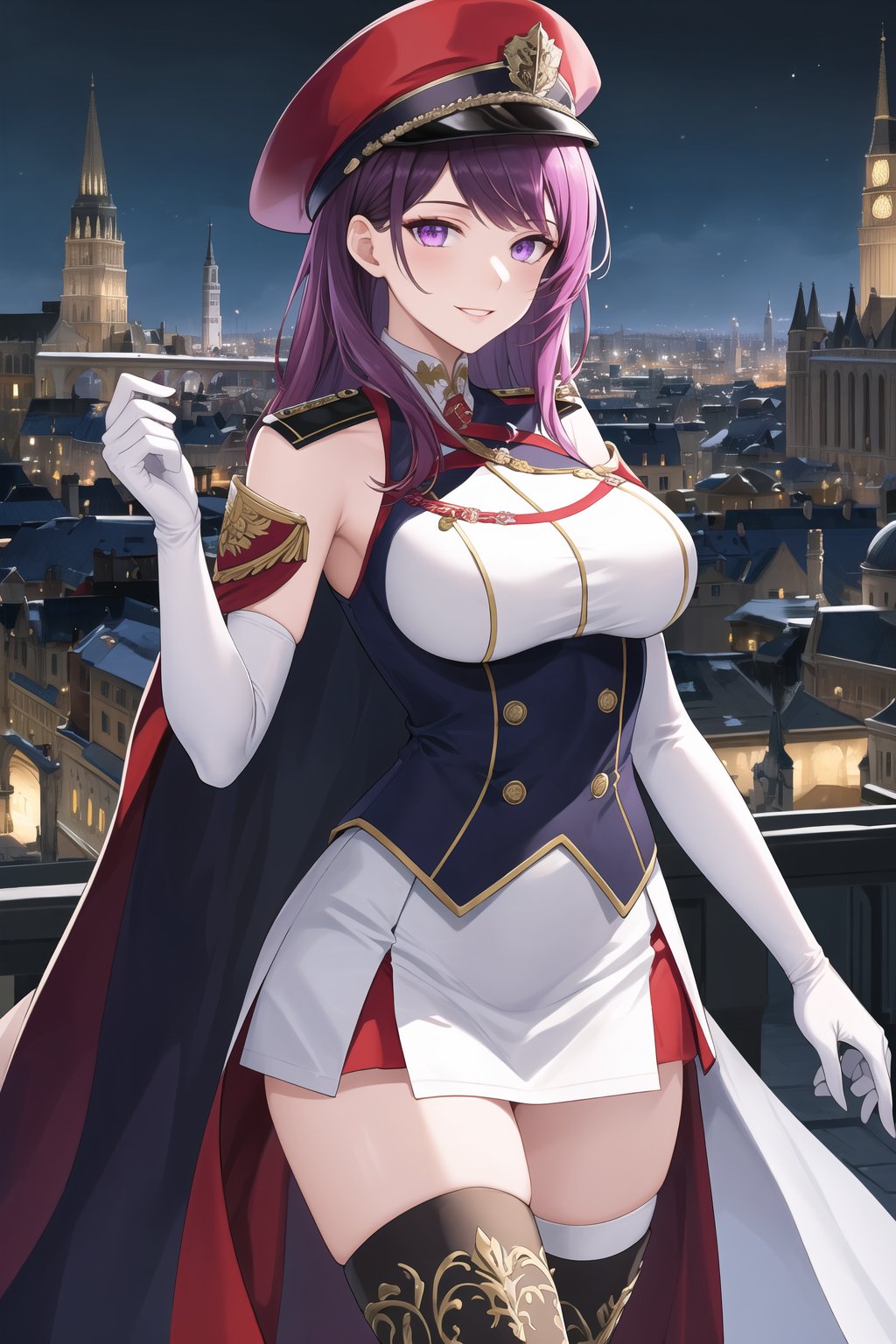 elbow gloves, white skirt, miniskirt, skirt, black thighhigh boots,white_gloves,white_military_uniform,white_military_hat,long white elbow gloves,sleeveless ,no_sleeves,shoulder_cape,looking at viewer, city, night, sky, (intricately detailed, hyperdetailed), frozen building background,depth of field, best quality, masterpiece, intricate details, tonemapping, sharp focus, hyper detailed, trending on Artstation,1 girl, high res, official art,evil smile,purple_eyes,IVY FE,purple-hair