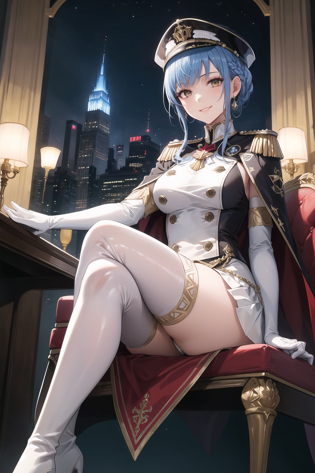 elbow gloves, white skirt, miniskirt, skirt, white_thighhigh_boots,military_uniform,military_hat,white_elbow_gloves,sleeveless ,no_sleeves,shoulder_cape,looking at viewer, city, night, sky, (intricately detailed, hyperdetailed), burning building background,depth of field, best quality, masterpiece, intricate details, tonemapping, sharp focus, hyper detailed, trending on Artstation,1 girl, high res, official art,evil smile,sitting_down,crossed_legs_(sitting),sitting_on_chair, jewelry,marianneuniform, crown braid,blue_hair,brown_eyes