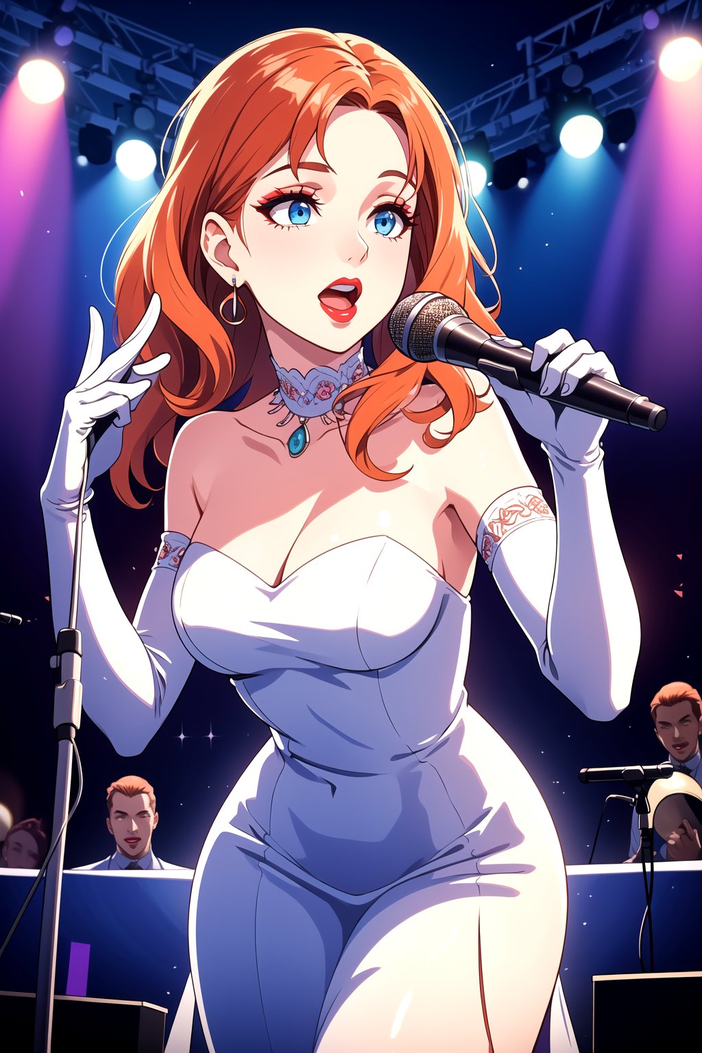 best quality,4k,8k,highres,masterpiece:1.2),ultra-detailed,(realistic,photorealistic,photo-realistic:1.37), vibrant colors, stage spotlight, vintage microphone, elegant hair, graceful pose, dynamic atmosphere, stylish interior, classic jazz era vibes, captivating performance, soulful expression, animated jazz band, rhythmic music, passionate singing, microphone stand, energetic crowd, glamorous ambiance, seamless visual composition, enchanting red lighting, annette_war, in a white dress, blue eyes, orange hair, long hair, long white elbow gloves, wearing red lipstick, wearing light purple eye shadow, wearing makeup, holding old 1920s microphone, jazz club background, singing