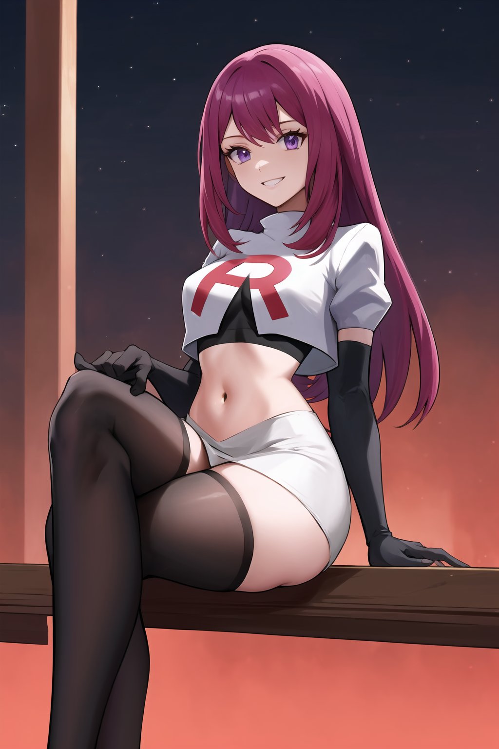 Team Rocket, cropped jacket, white jacket, crop top, jacket, gloves, black gloves, elbow gloves, navel, midriff, white skirt, miniskirt, skirt, black thighhighs,military_uniform,looking down at viewer, china, asiática, city, night, sky, (intricately detailed, hyperdetailed), blurry background,depth of field, best quality, masterpiece, intricate details, tonemapping, sharp focus, hyper detailed, trending on Artstation,1 girl, high res, official art,evil smile,crossed_legs_(sitting),IVY FE,purple_eyes,purple_hair