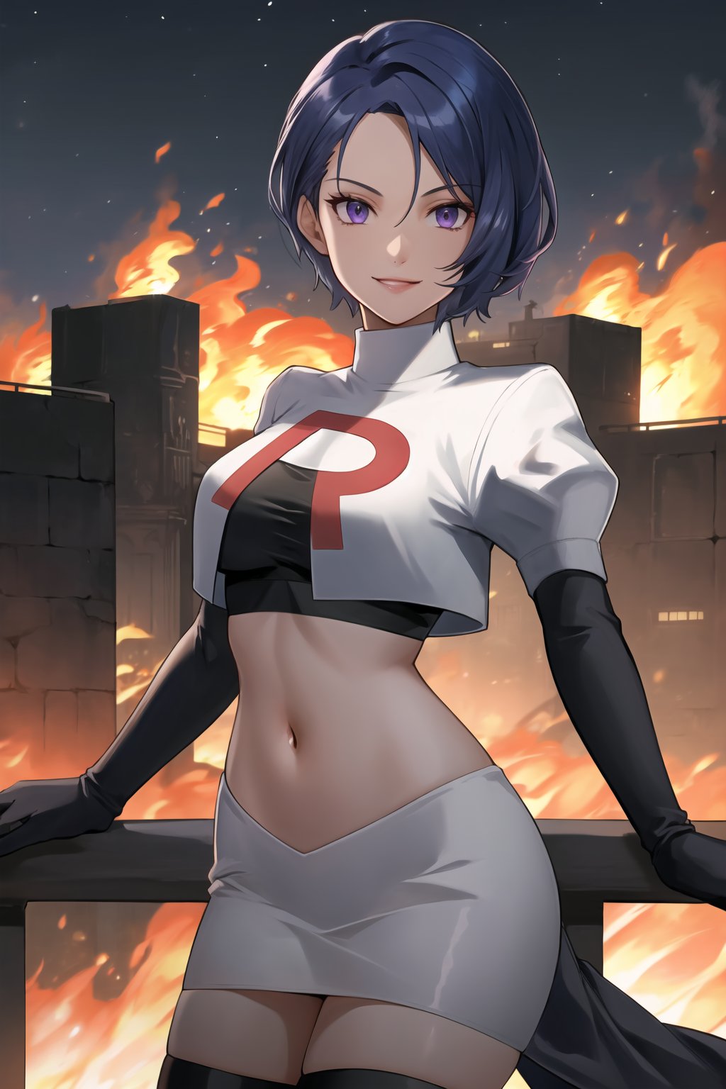 Team Rocket, cropped jacket, white jacket, crop top, jacket, gloves, black gloves, elbow gloves, navel, midriff, white skirt, miniskirt, skirt, black thighhigh boots,military_uniform,looking at viewer, city, night, sky, (intricately detailed, hyperdetailed), burning building background,depth of field, best quality, masterpiece, intricate details, tonemapping, sharp focus, hyper detailed, trending on Artstation,1 girl, high res, official art,evil smile,defShamir, purple_eyes