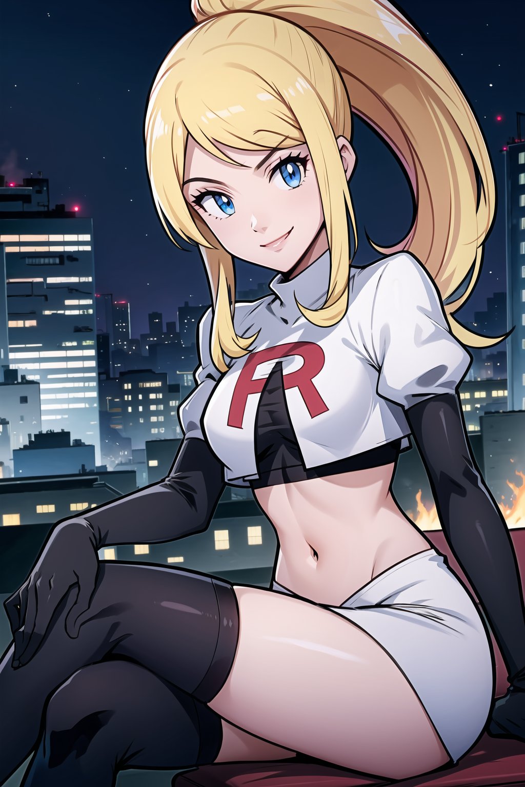 Team Rocket, cropped jacket, white jacket, crop top, jacket, gloves, black gloves, elbow gloves, navel, midriff, white skirt, miniskirt, skirt, black thighhigh boots,military_uniform,looking at viewer, city, night, sky, (intricately detailed, hyperdetailed), burning building background,depth of field, best quality, masterpiece, intricate details, tonemapping, sharp focus, hyper detailed, trending on Artstation,1 girl, high res, official art,evil smile,sitting_down,crossed_legs_(sitting),samus aran,ponytail, hair tie,blond_hair,blue_eyes