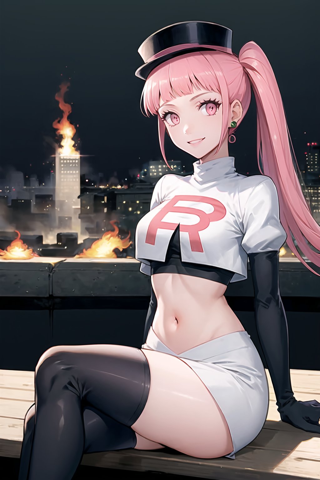 Team Rocket, cropped jacket, white jacket, crop top, jacket, gloves, black gloves, elbow gloves, navel, midriff, white skirt, miniskirt, skirt, black thighhigh boots,military_uniform,white_military_hat,looking at viewer, city, night, sky, (intricately detailed, hyperdetailed), burning building background,depth of field, best quality, masterpiece, intricate details, tonemapping, sharp focus, hyper detailed, trending on Artstation,1 girl, high res, official art,evil smile,crossed_legs_(sitting),hilda_valentine_goneril, pink hair, long hair, pink eyes, twintails, jewelry 