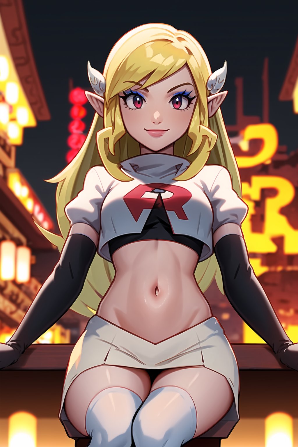 Team Rocket, cropped jacket, white jacket, crop top, jacket, gloves, black gloves, elbow gloves, navel, midriff, white skirt, miniskirt, skirt, black thighhighs,military_uniform,looking down at viewer, china, asiática, city, night, sky, (intricately detailed, hyperdetailed), blurry background,depth of field, best quality, masterpiece, intricate details, tonemapping, sharp focus, hyper detailed, trending on Artstation,1 girl, high res, official art,evil smile,crossed_legs_(sitting),toon zelda, long hair, blonde hair, pointy ears, makeup