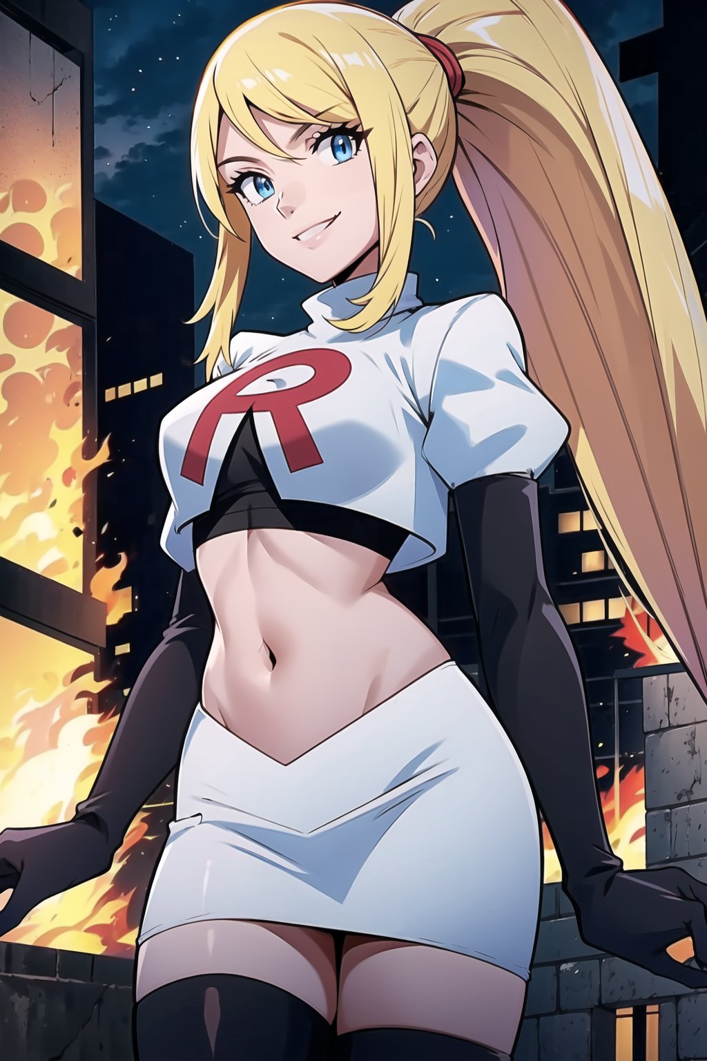 Team Rocket, cropped jacket, white jacket, crop top, jacket, gloves, black gloves, elbow gloves, navel, midriff, white skirt, miniskirt, skirt, black thighhigh boots,military_uniform,looking at viewer, city, night, sky, (intricately detailed, hyperdetailed), burning building background,depth of field, best quality, masterpiece, intricate details, tonemapping, sharp focus, hyper detailed, trending on Artstation,1 girl, high res, official art,evil smile,samus aran,ponytail, hair tie,blond_hair,blue_eyes