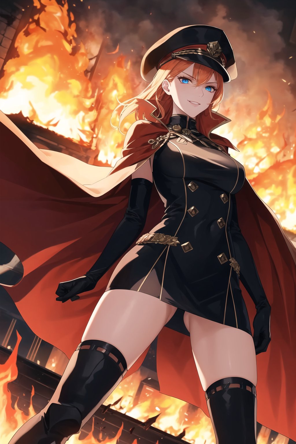 A surreal cityscape at night, bathed in warm orange hues, with flames engulfing a burning building behind an enigmatic figure - the evil sorceress. She stands tall, donning white military attire, hat, and elbow gloves, her orange locks ablaze like the inferno. Her piercing blue eyes gleam with malevolence, as she gazes directly at the viewer. The flowing cape and miniskirt over black boots create an intriguing juxtaposition of innocence and menace. The scene is sharp-focused, with a shallow depth of field highlighting her wicked smile and intense gaze.